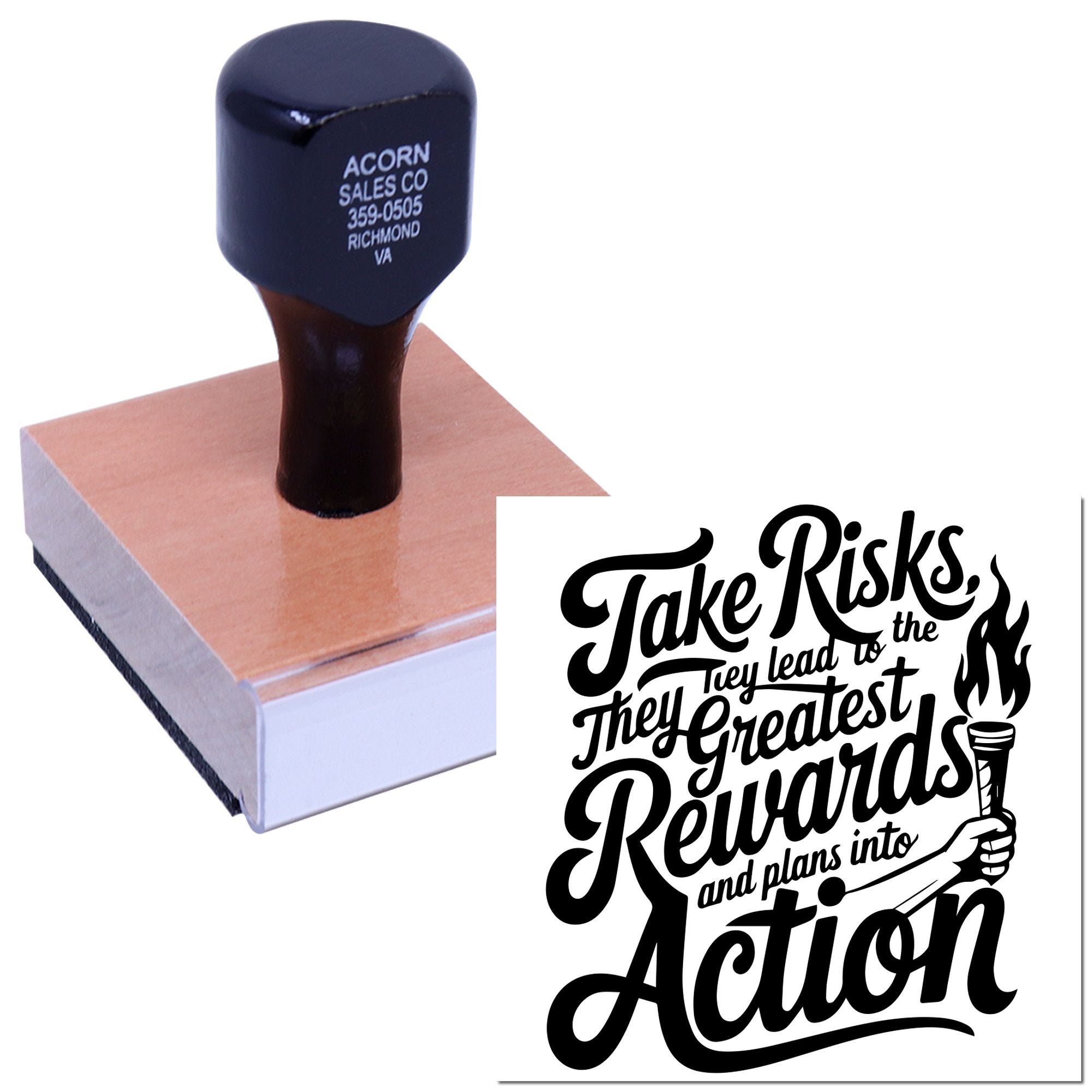 Wood-mounted custom rubber stamp with Take Risks motivational quote design for business branding, crafting, or inspirational projects.
