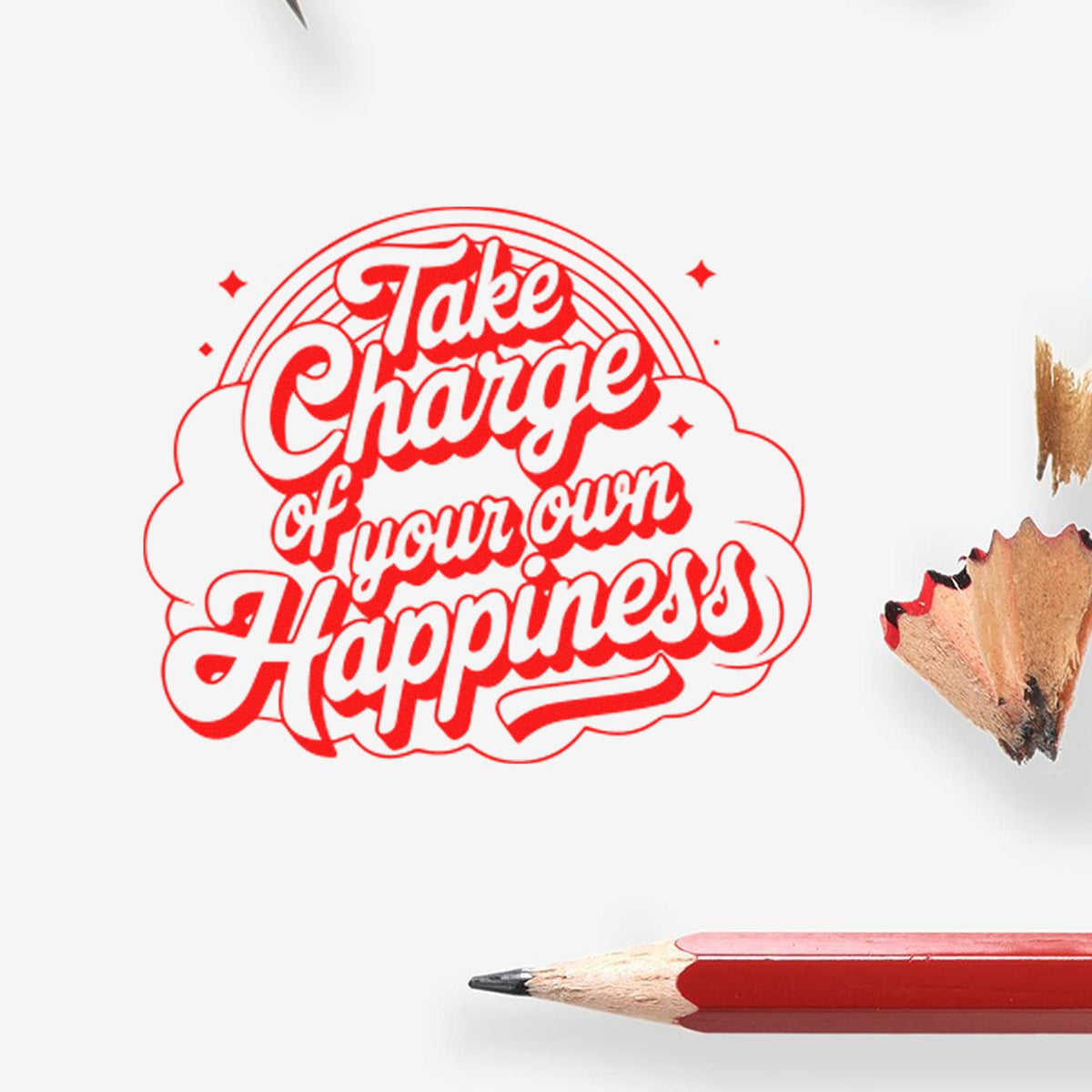 Take Charge of Your Own Happiness rubber stamp design with red motivational lettering for crafts, journaling, and branding.