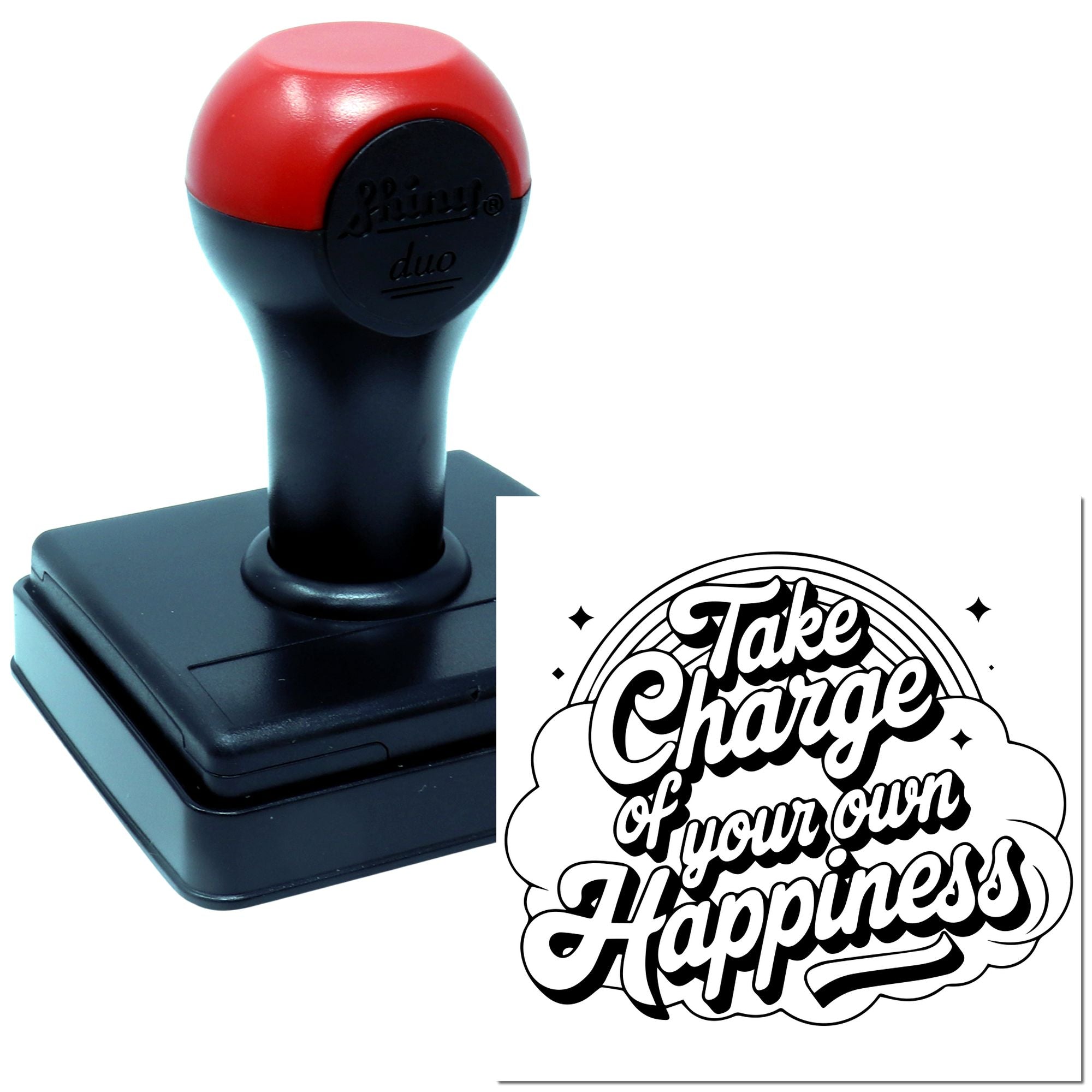 Self-inking rubber stamp with motivational imprint reading Take Charge of Your Own Happiness for custom office or craft use.