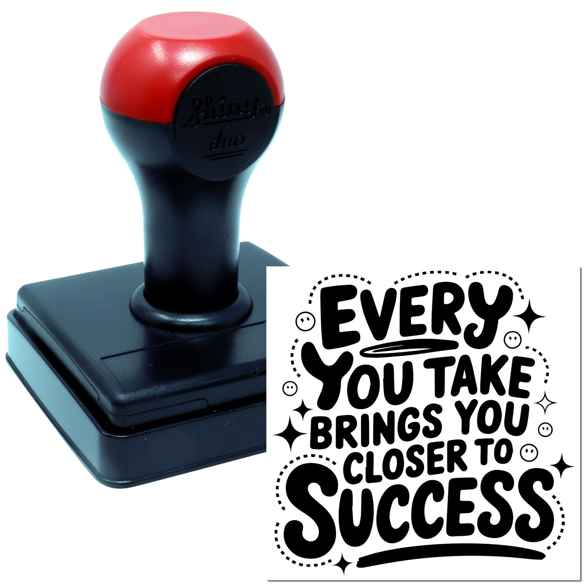 Self-inking rubber stamp featuring a motivational success quote for custom office and craft stamping.