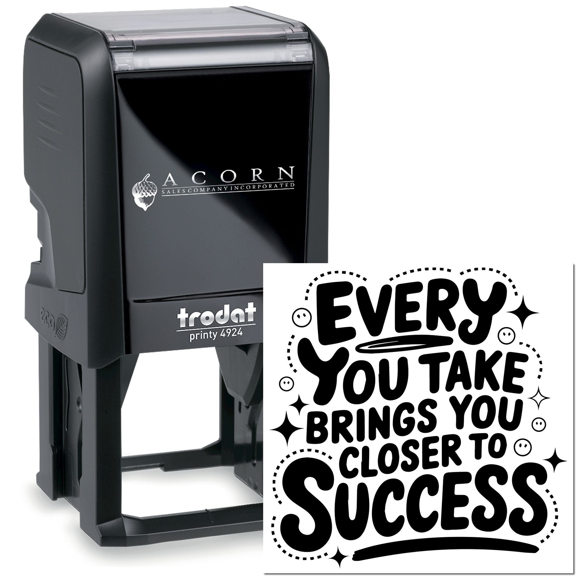 Trodat Printy 4924 self-inking rubber stamp with custom motivational quote design for business branding.
