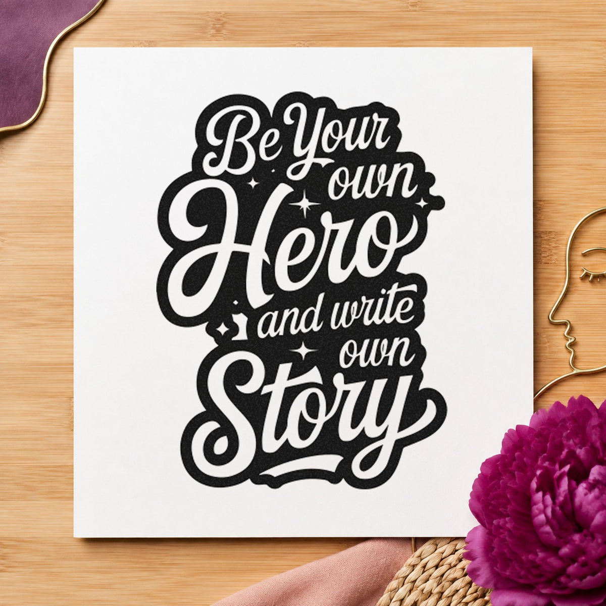 Own Hero Own Story craft stamp in black ink on cardstock, an easy option for campaign album page.