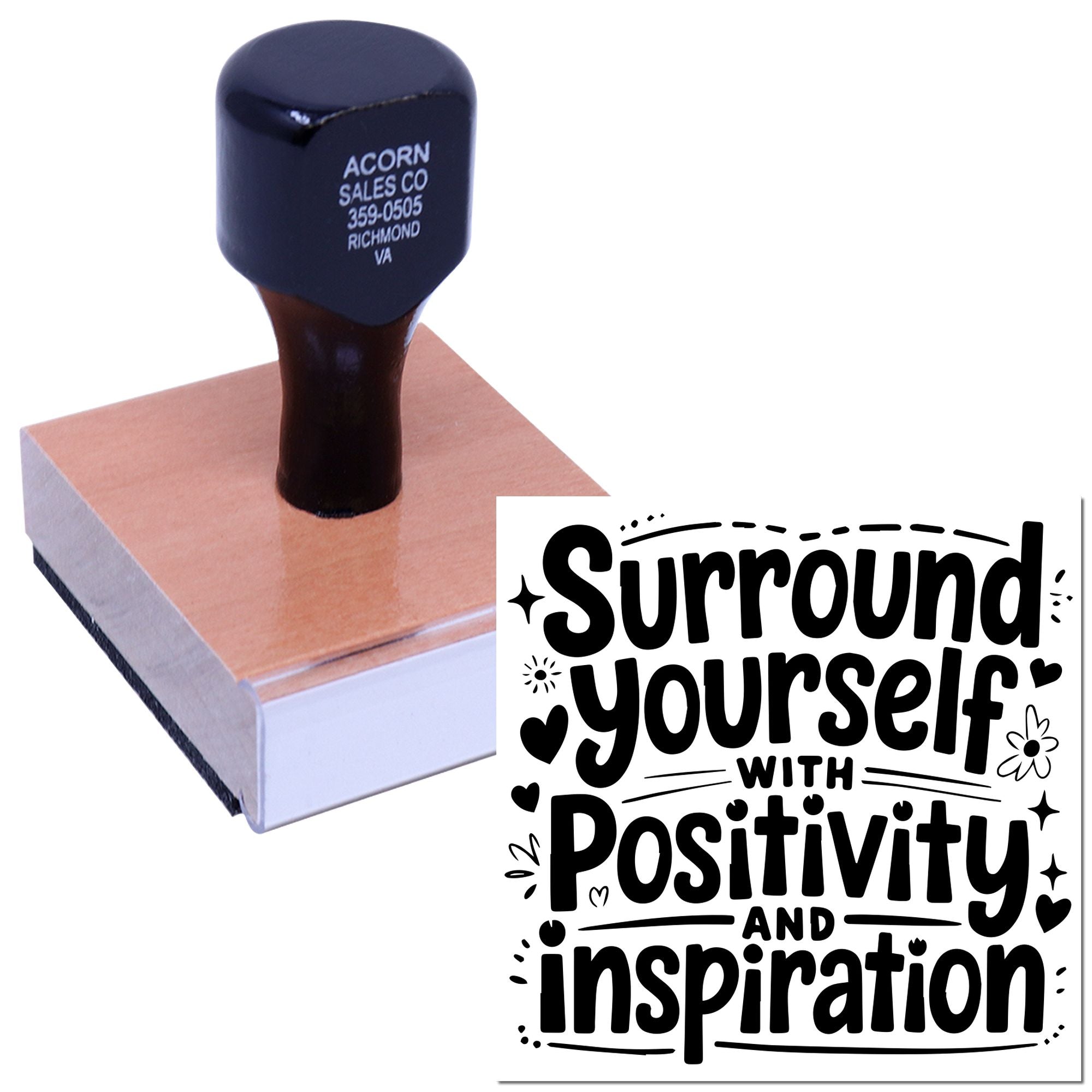 Custom rubber stamp with motivational Surround Yourself with Positivity and Inspiration design for crafts and branding.