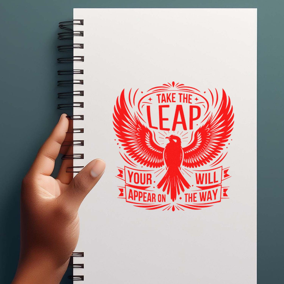 Motivational rubber stamp design featuring Take the Leap winged bird art for planners, journals, and handmade crafts.
