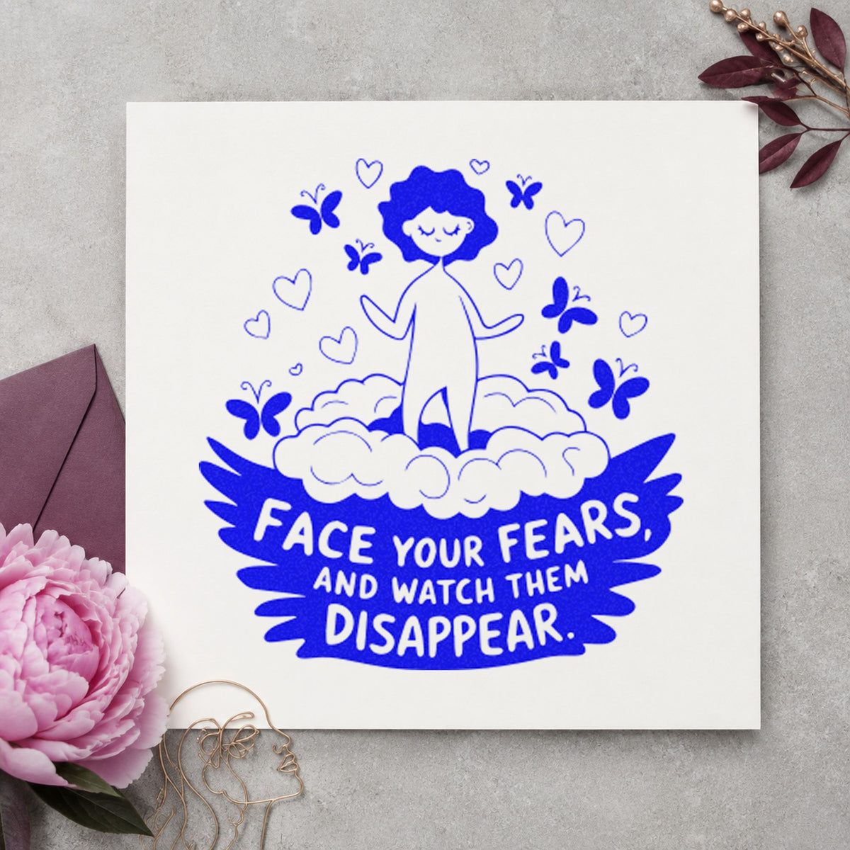 Face Fears Floating Child craft stamp imprinted in blue ink on paper, a design suited to framed bedroom door.