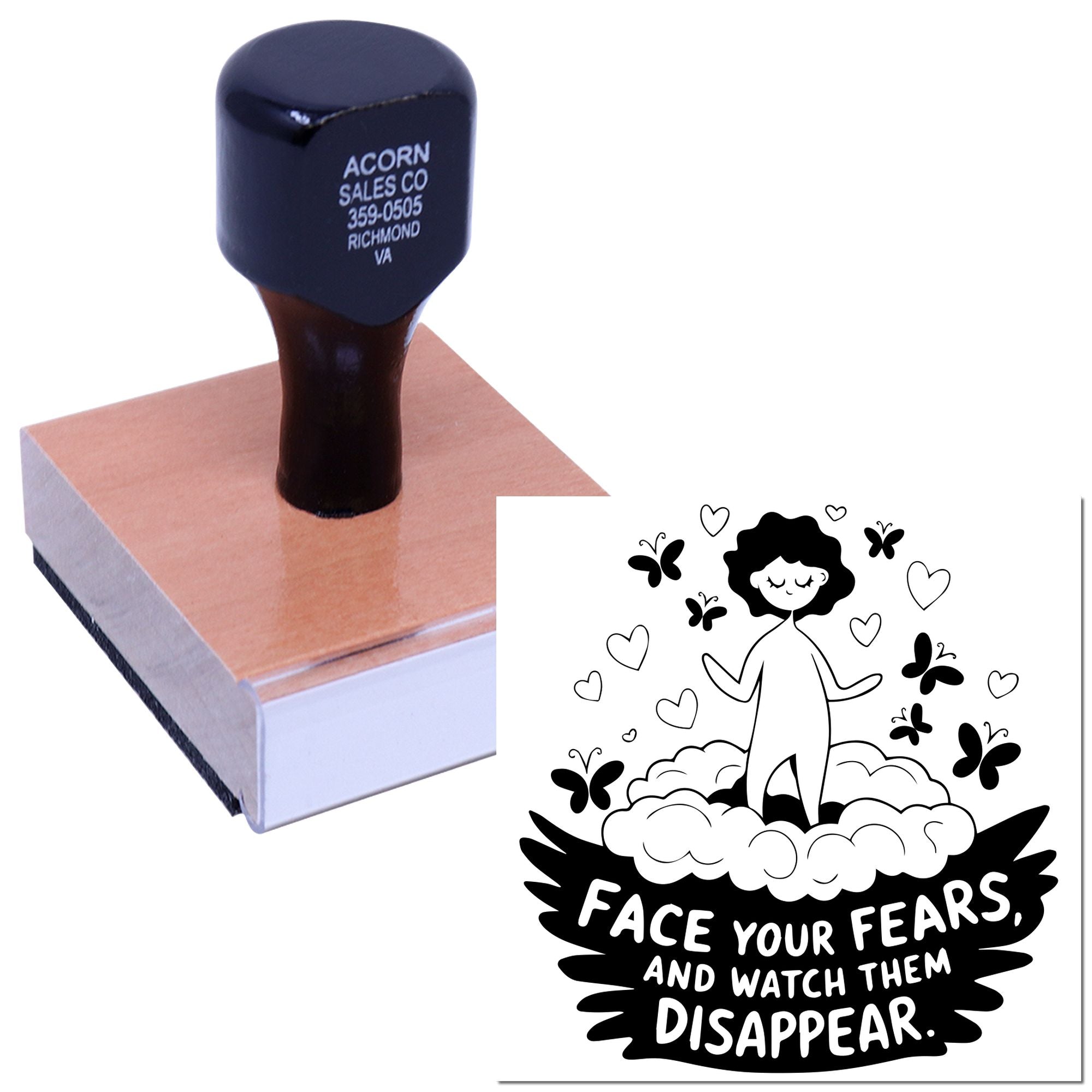 Custom rubber stamp with Face Your Fears motivational design and butterfly artwork for crafts and DIY projects