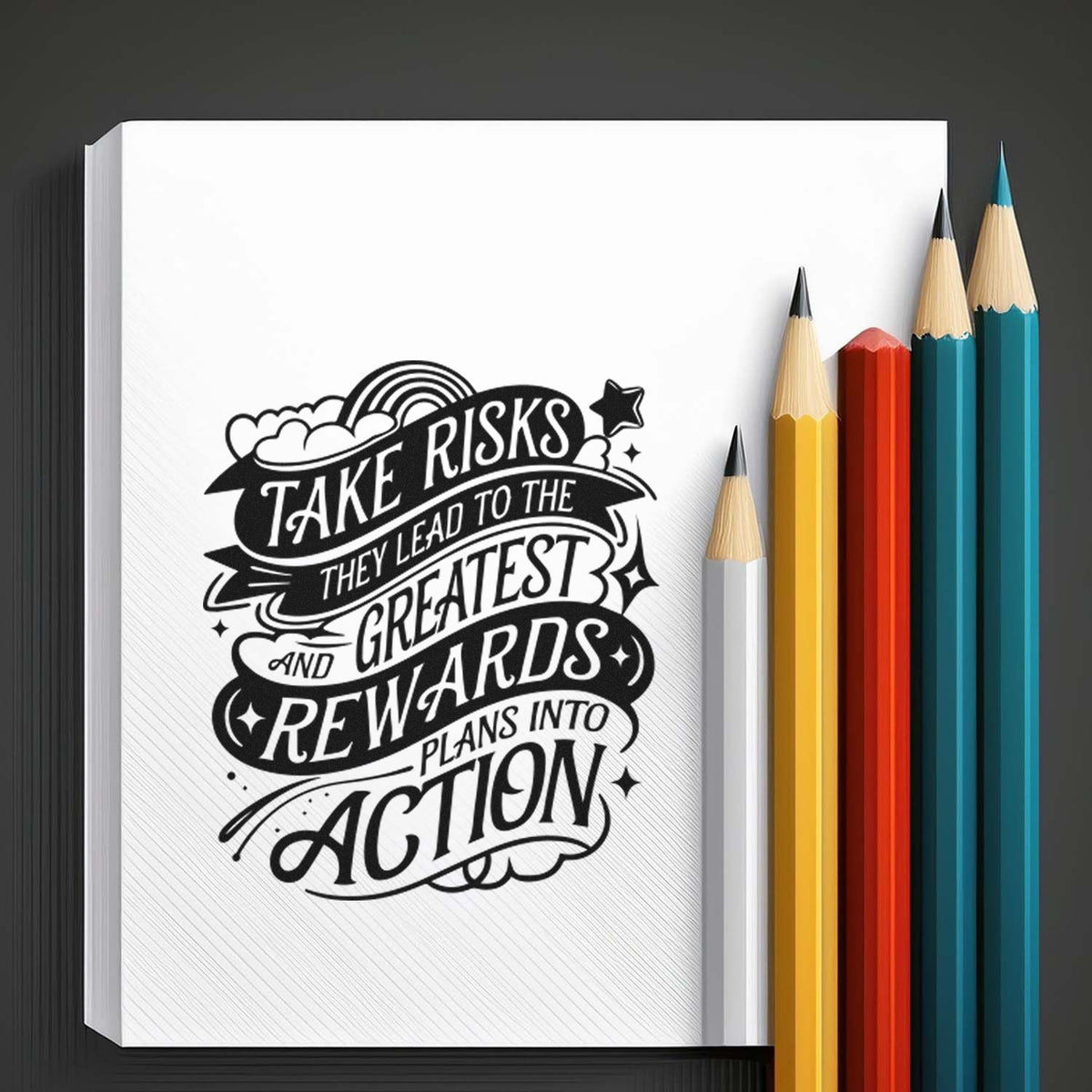 Motivational rubber stamp design with quote: Take risks, they lead to the greatest rewards and plans into action.