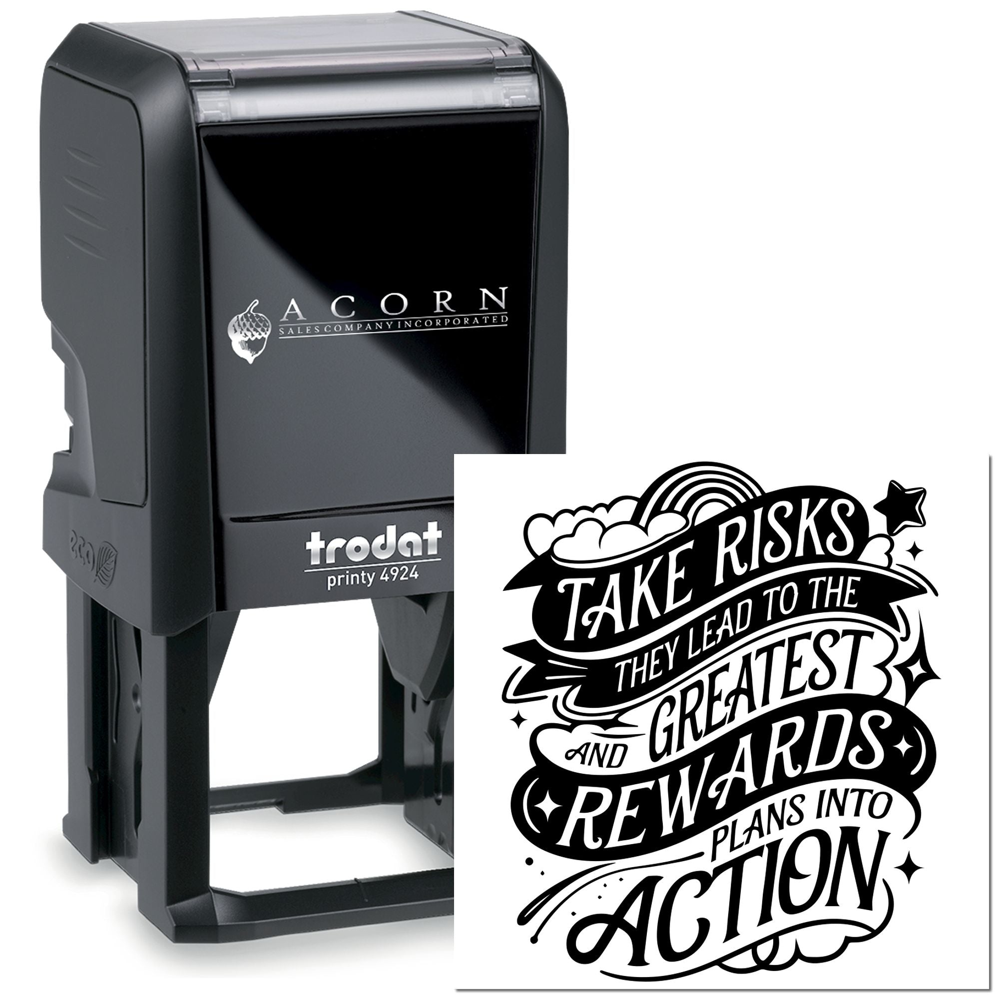 Custom self-inking rubber stamp with logo and quote imprint for business branding, Trodat Printy 4924.