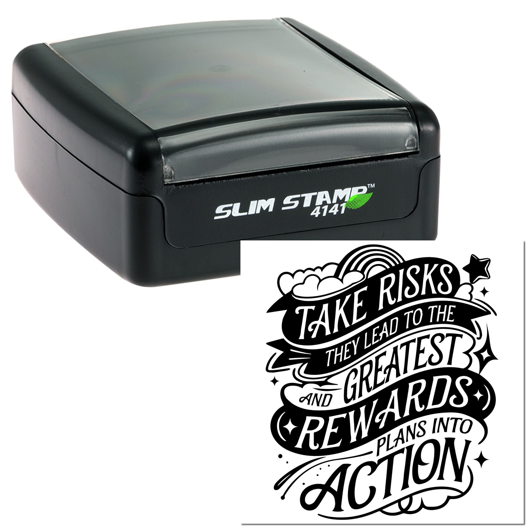 Self-inking slim rubber stamp featuring a Take Risks motivational quote for custom inspirational office or craft use.