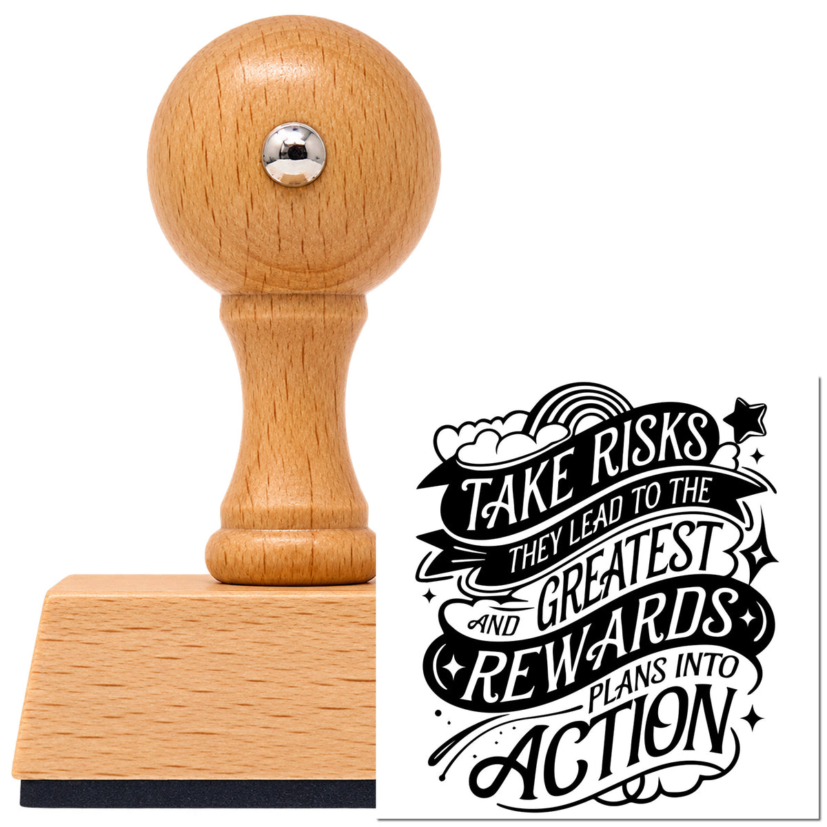 Take Risks Rainbow Ribbons Vintage Pro rubber stamp in European beech wood with a round knob handle, shown beside its black imprint.