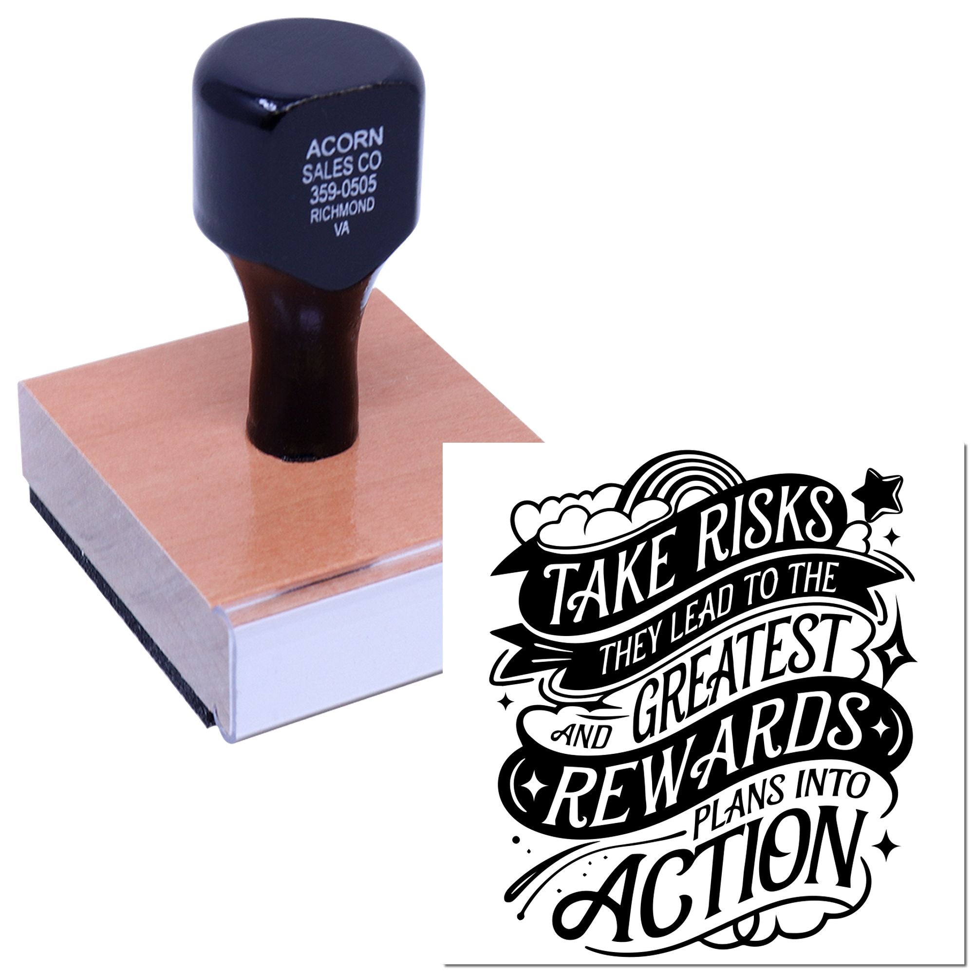 Custom rubber stamp with inspirational quote design, ideal for branding, crafts, and business marking.
