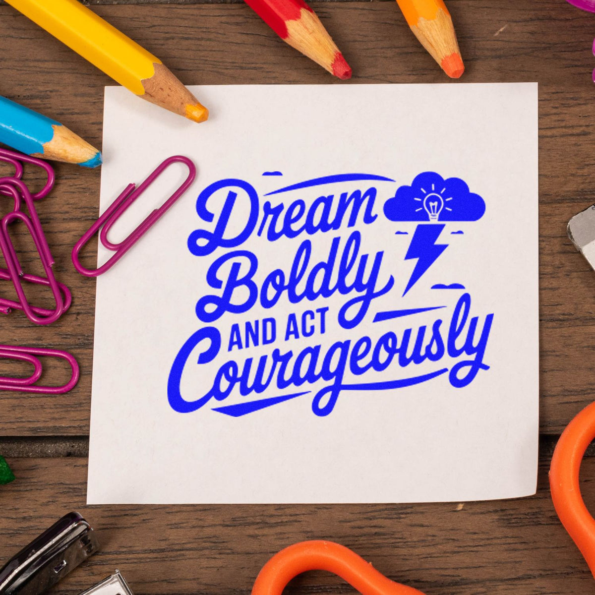 Custom rubber stamp design with motivational quote, Dream Boldly and Act Courageously, on a stationery-themed desk.