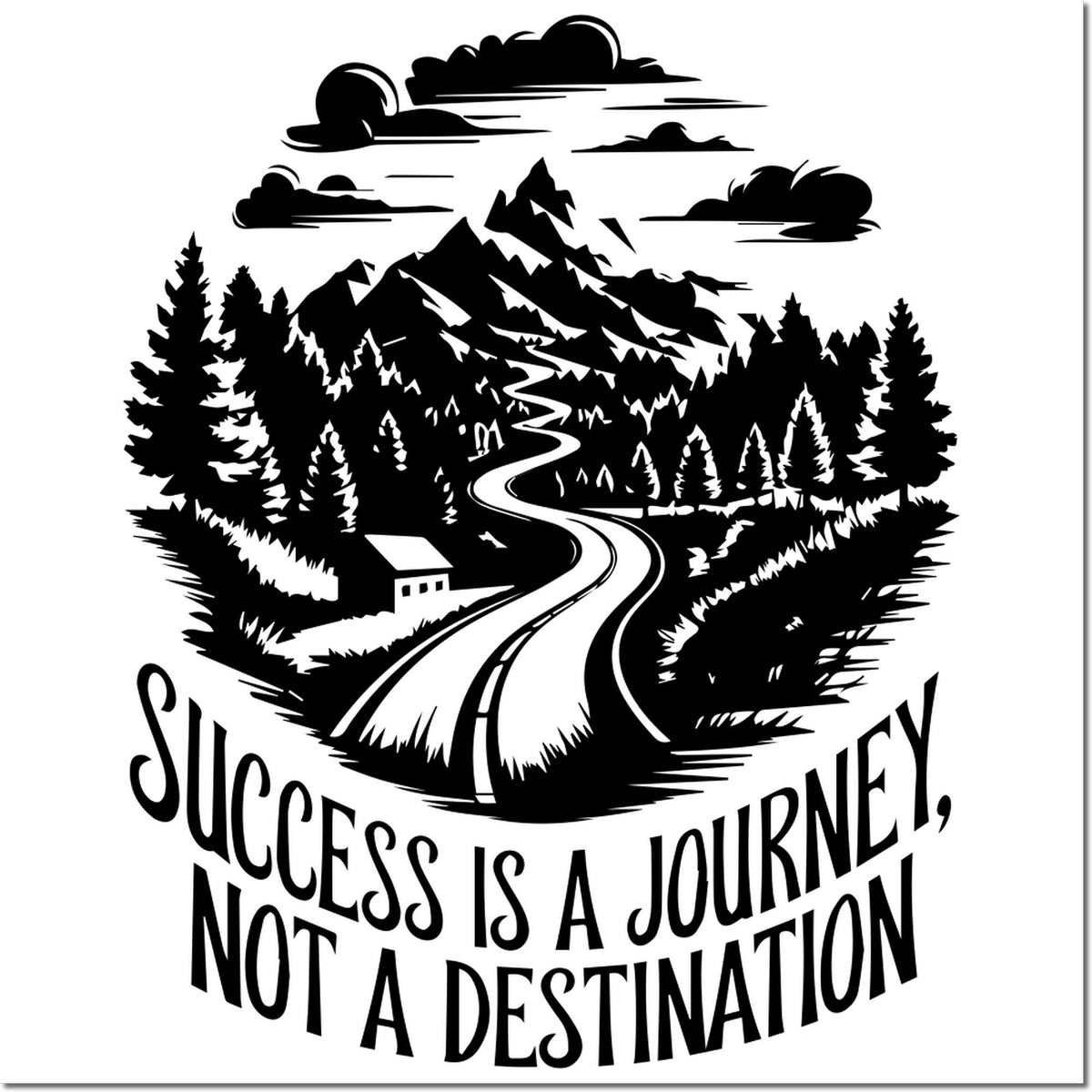 Motivational rubber stamp design with mountain road, pine trees, and quote: Success is a journey, not a destination.