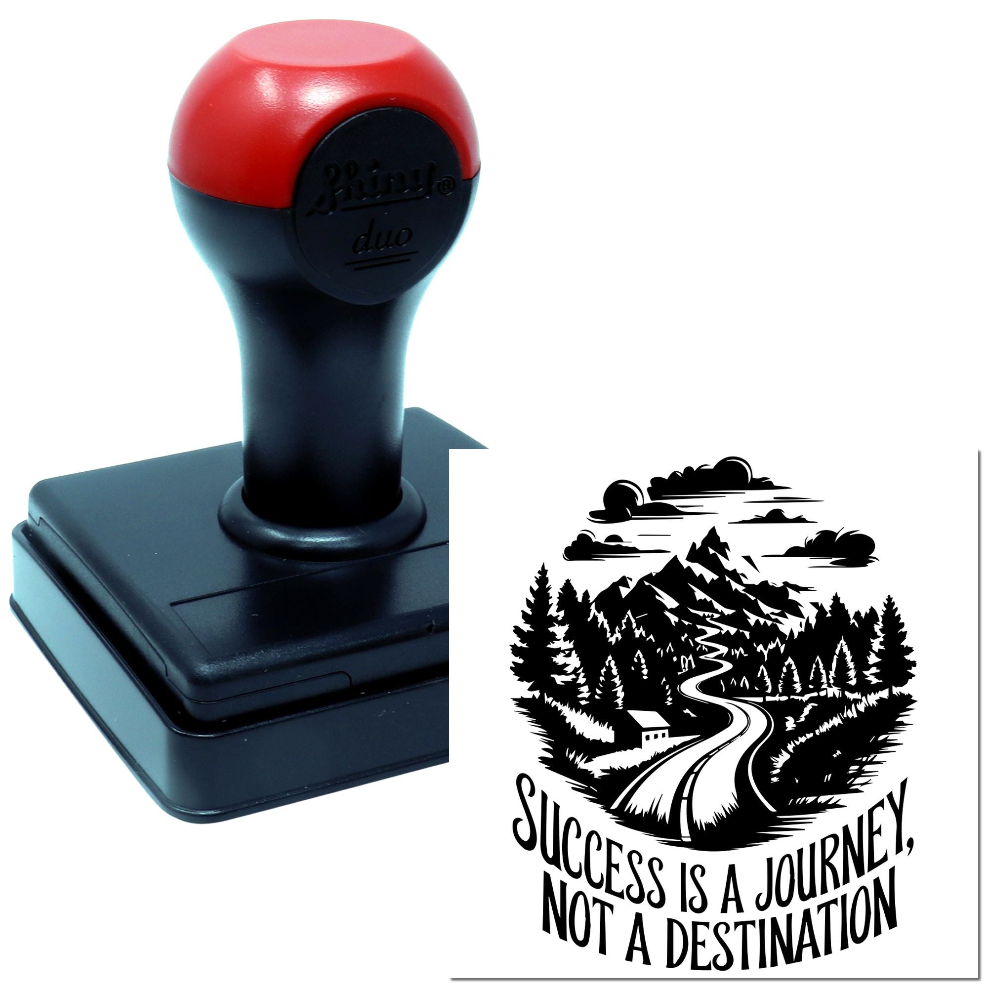 Self-inking custom rubber stamp with mountain road design and quote, Success is a journey not a destination.