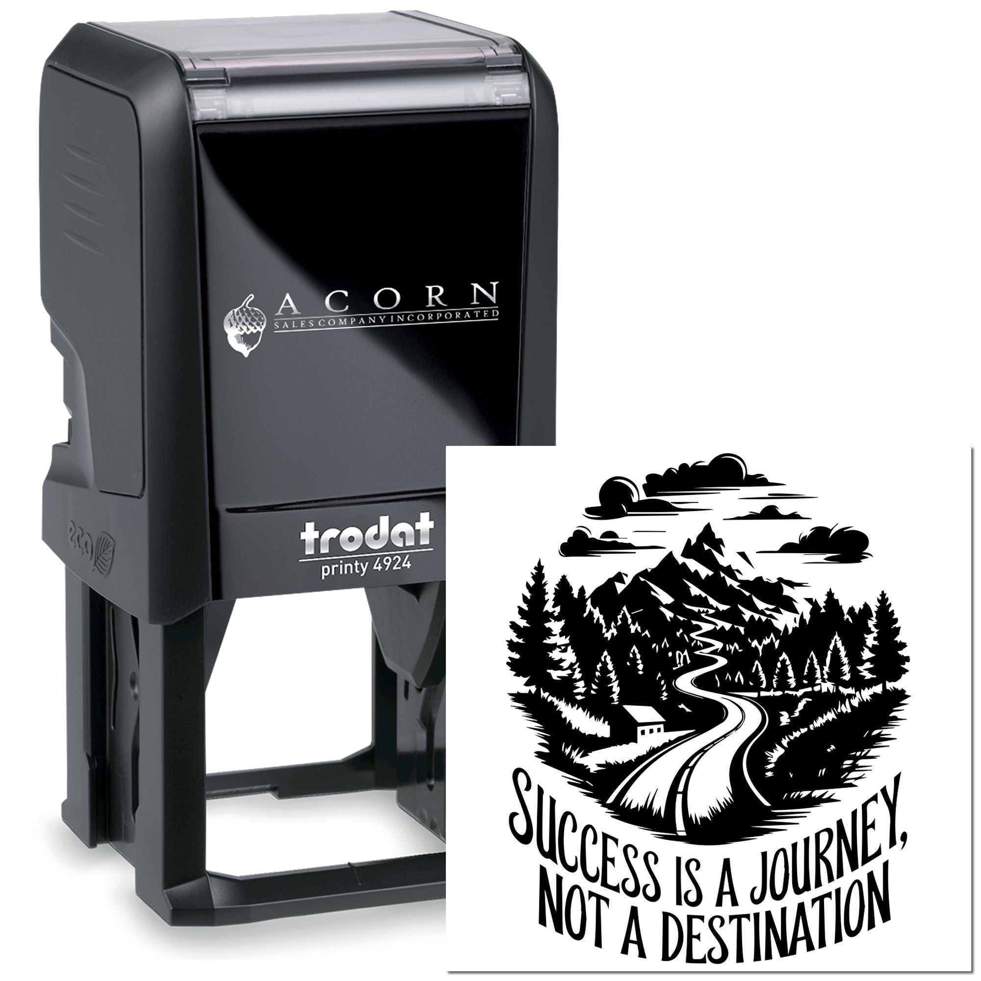 Custom self-inking rubber stamp with mountain road artwork and quote, Success is a journey, not a destination.