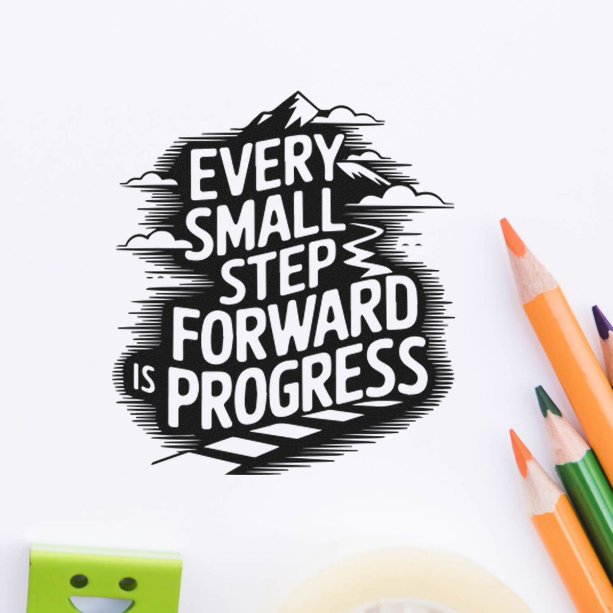 Motivational rubber stamp design reading Every small step forward is progress with mountain graphic for planners and journals.