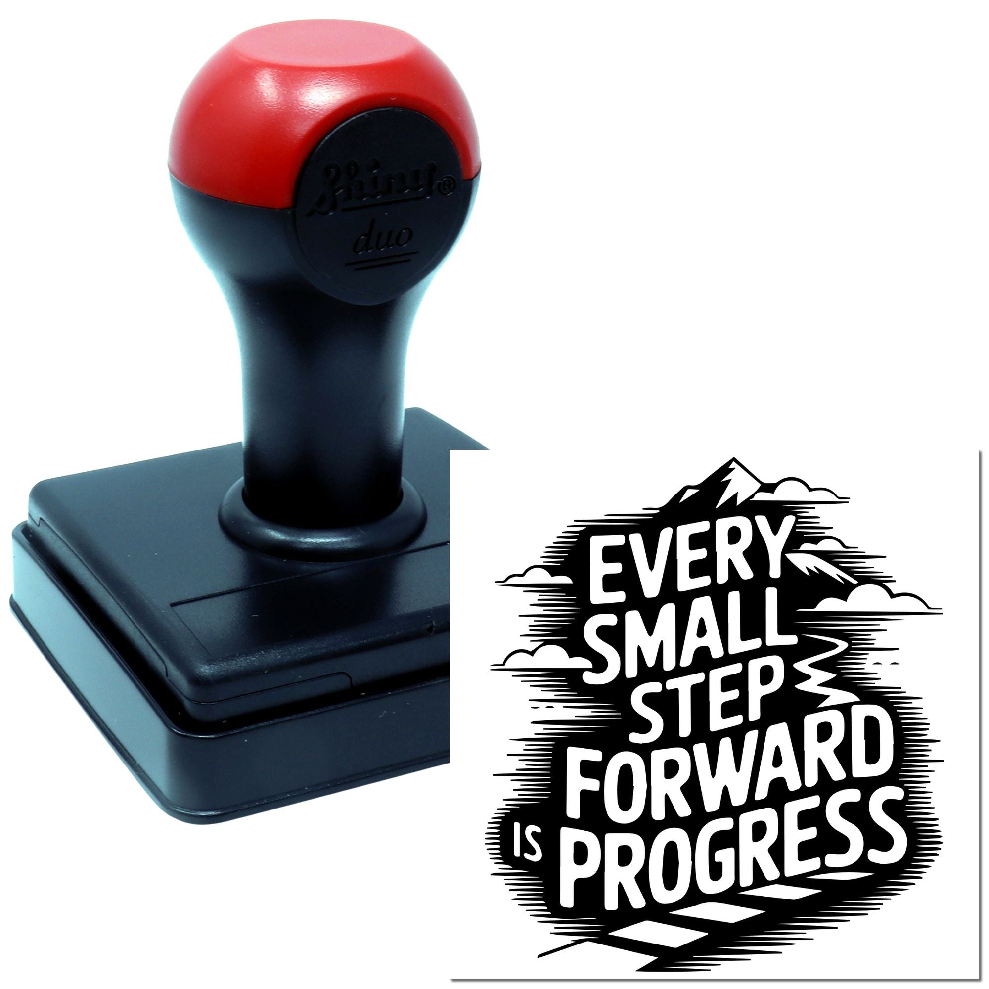 Custom self-inking rubber stamp with Every Small Step Forward Is Progress quote and mountain graphic.