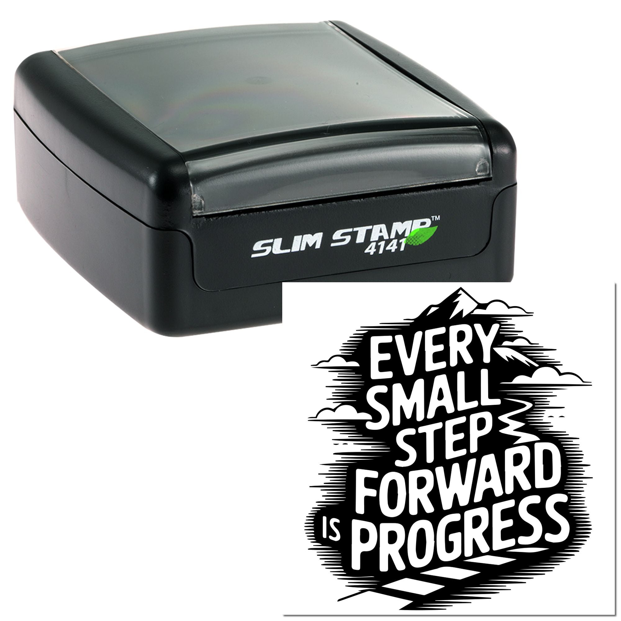 Self-inking Slim Stamp 4141 custom rubber stamp with Every Small Step Forward Is Progress motivational design.
