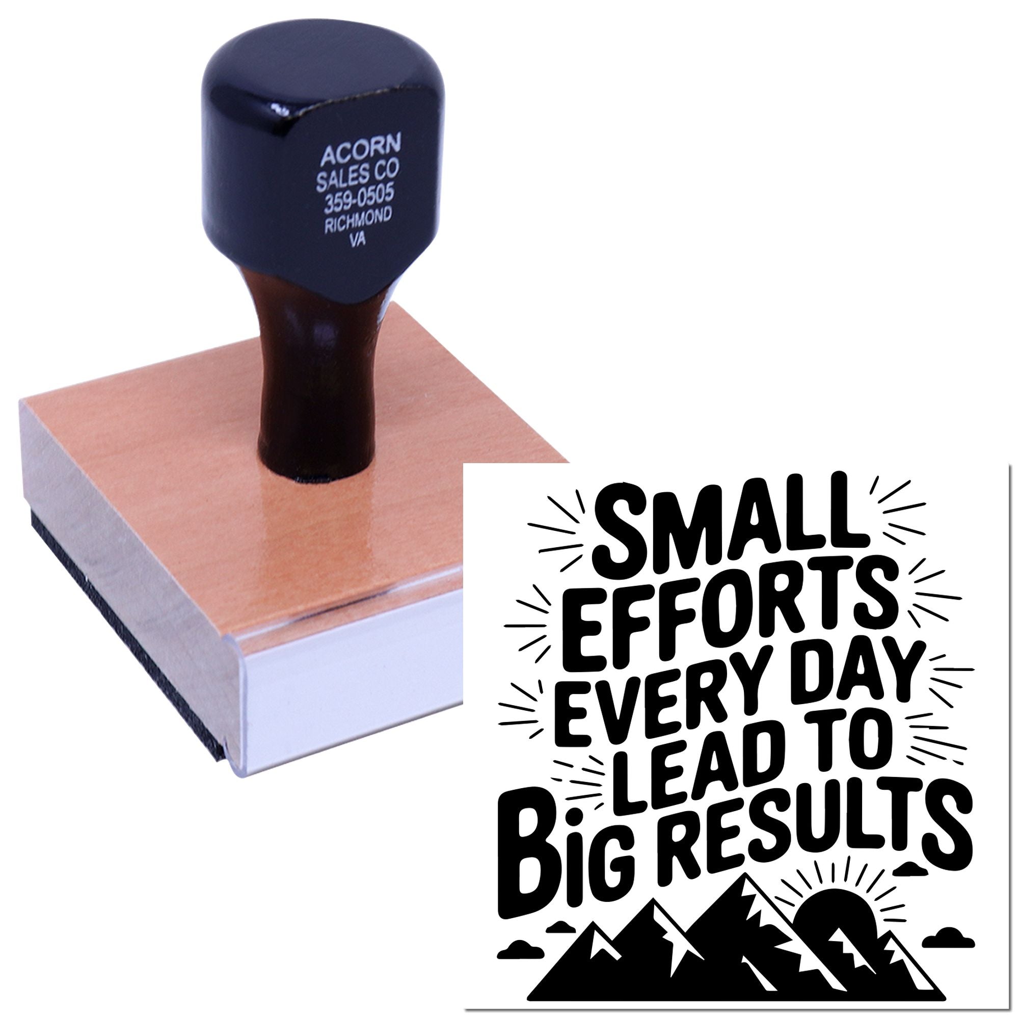 Custom rubber stamp with motivational message, Small efforts every day lead to big results, for business branding and crafts.