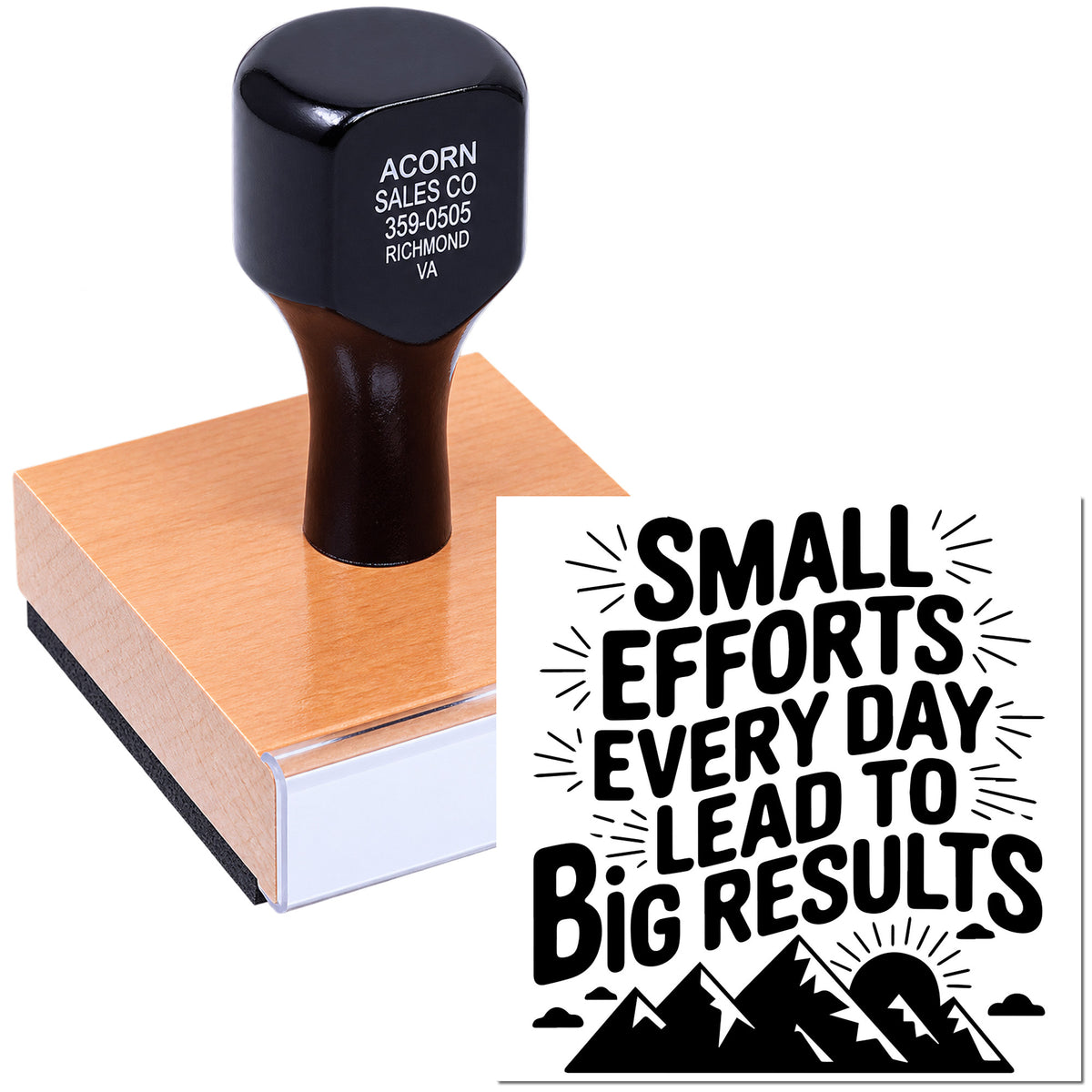 Custom rubber stamp with motivational message, Small efforts every day lead to big results, for business branding and crafts.