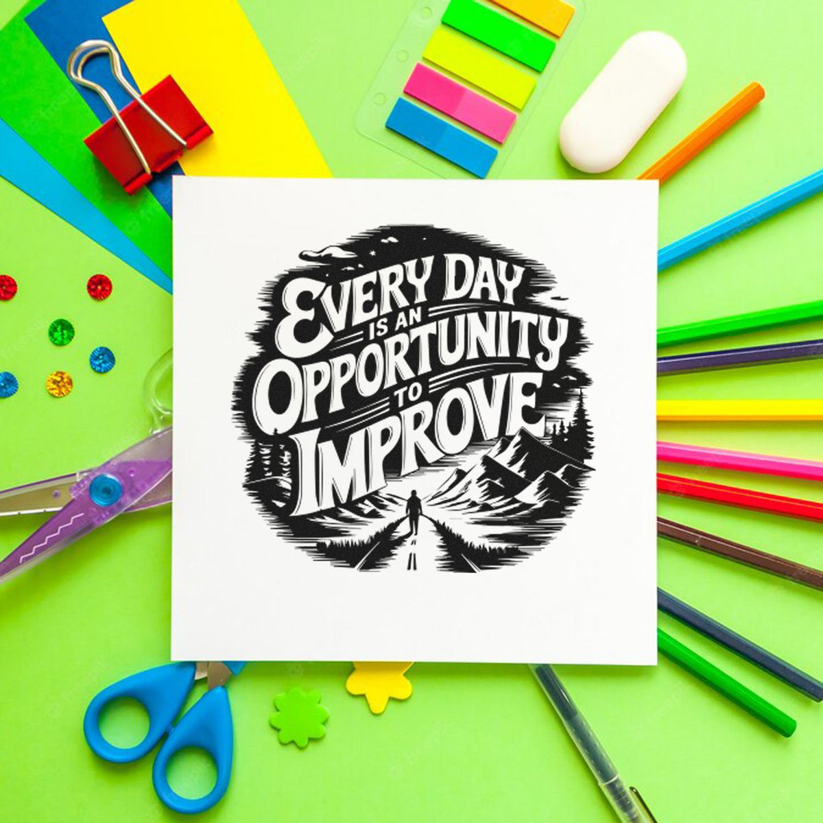 Motivational rubber stamp design with quote Every Day Is an Opportunity to Improve for craft, stationery, and branding.