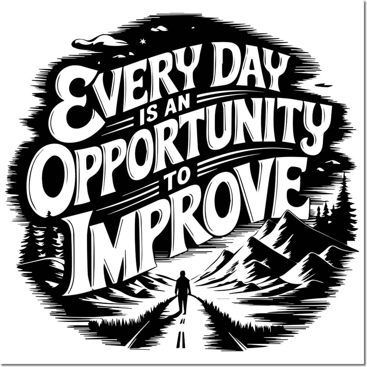 Every Day Is an Opportunity to Improve motivational rubber stamp design with mountain road and hiker silhouette.