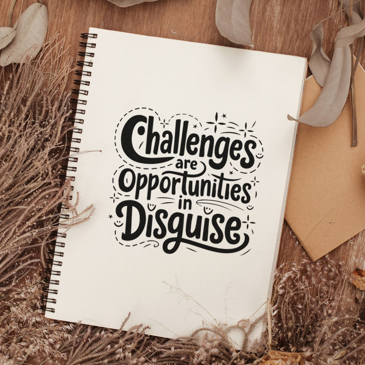 Motivational rubber stamp quote, Challenges are opportunities in disguise, on notebook for journaling and craft projects.