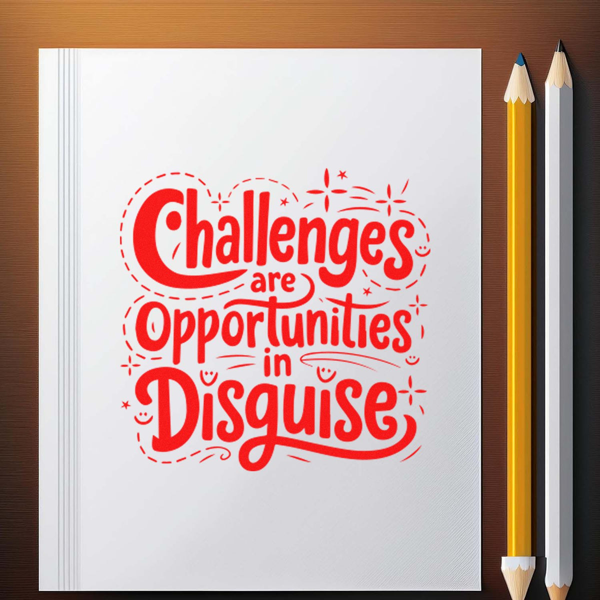 Red motivational rubber stamp design reading Challenges are Opportunities in Disguise on a notebook page with pencils.