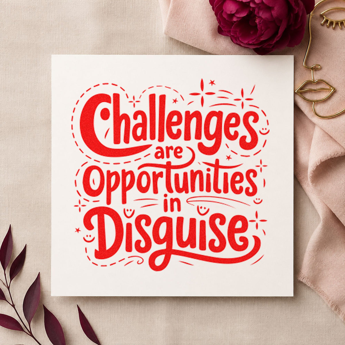 Challenges Opportunities In Disguise craft stamp imprint in red ink on a handmade project, one idea being repair note cards.