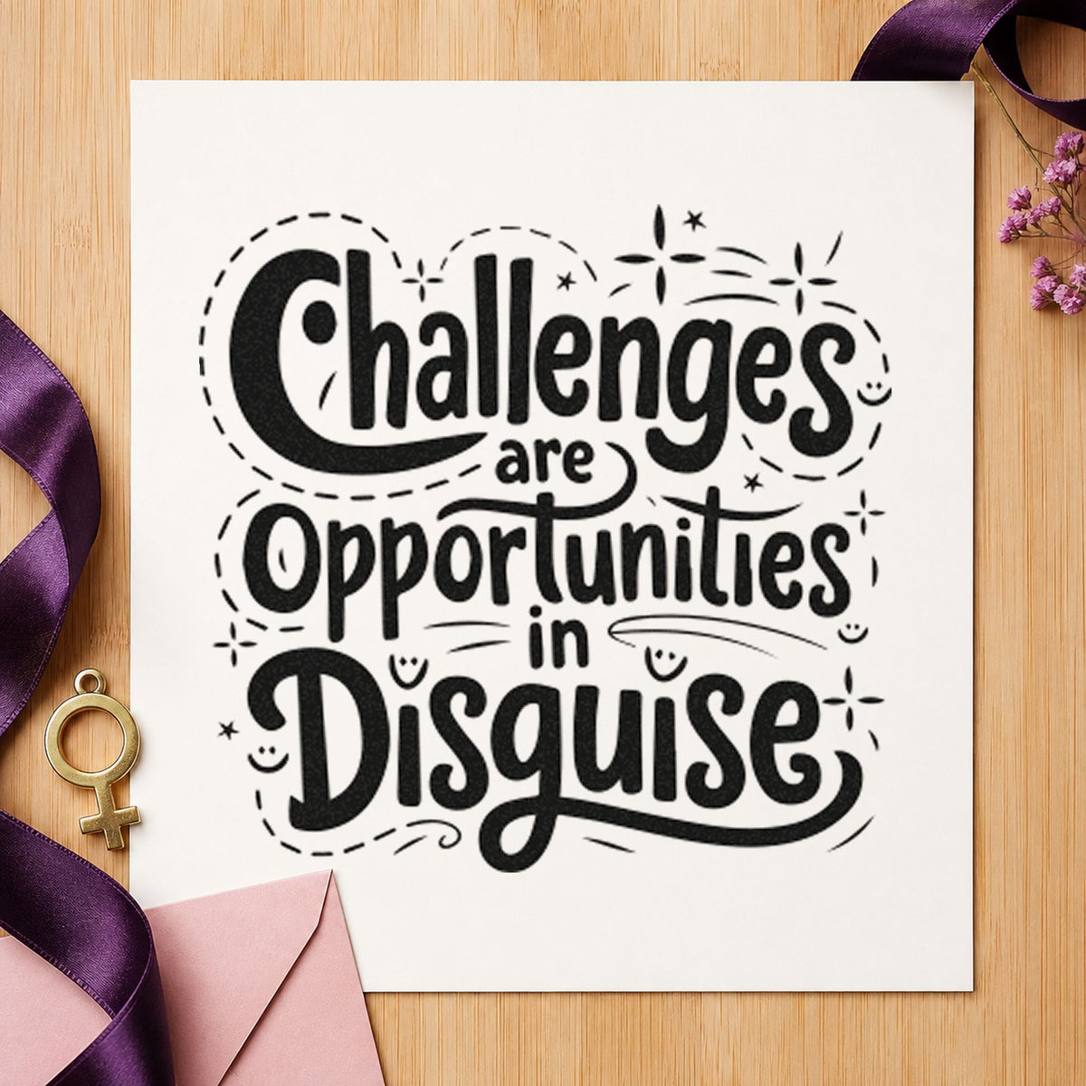 Challenges Opportunities In Disguise rubber stamp printed in black ink, ready for dotted curve cards and similar paper crafts.