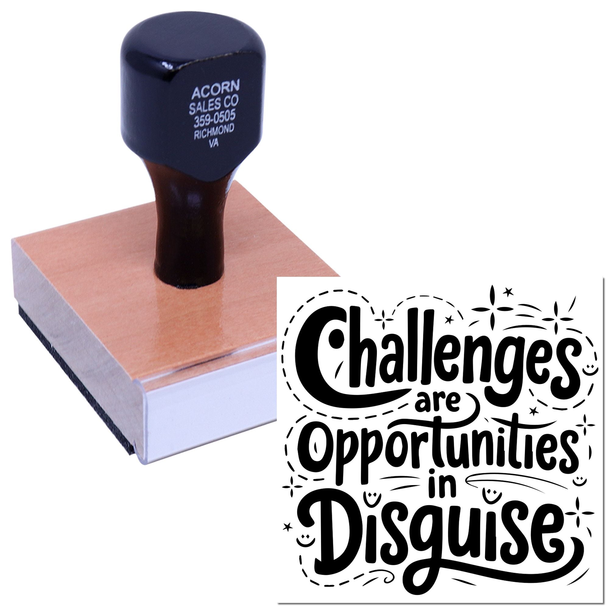 Custom rubber stamp featuring the quote Challenges are Opportunities in Disguise for business branding, crafting, and packaging.