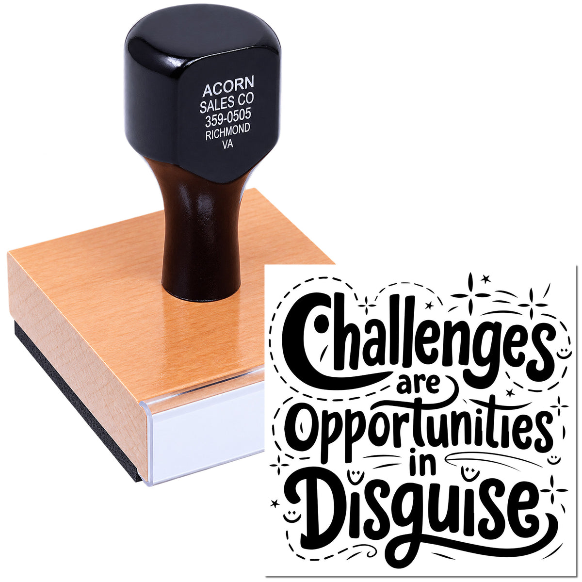 Custom rubber stamp featuring the quote Challenges are Opportunities in Disguise for business branding, crafting, and packaging.