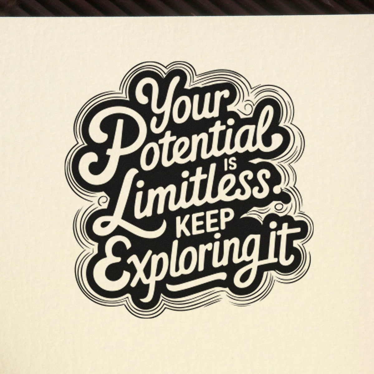 Inspirational custom rubber stamp design with quote Your Potential Is Limitless, Keep Exploring It in bold black-and-white script.