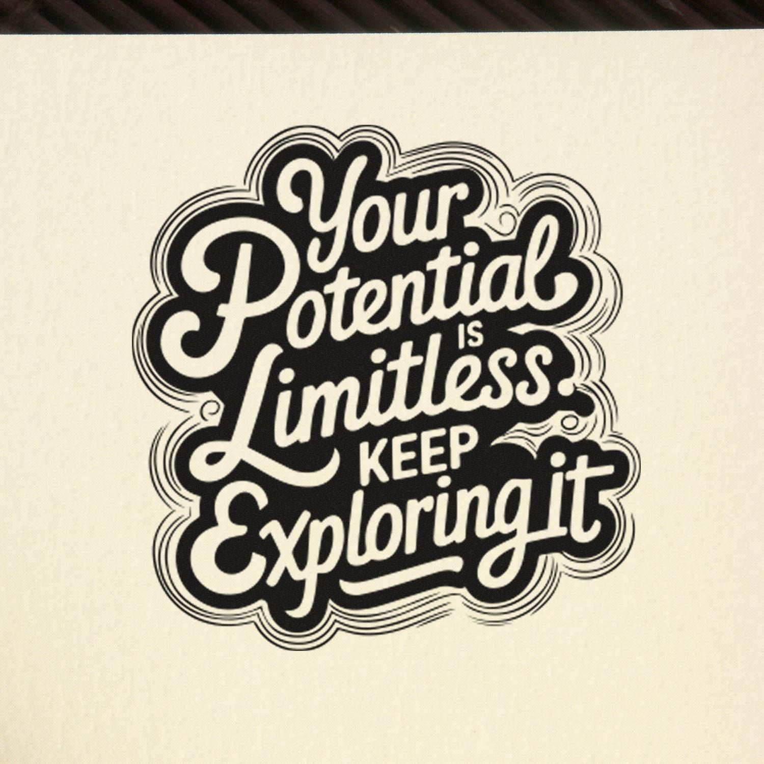Inspirational rubber stamp quote: Your Potential Is LimitlessKeep Exploring It in bold vintage lettering.
