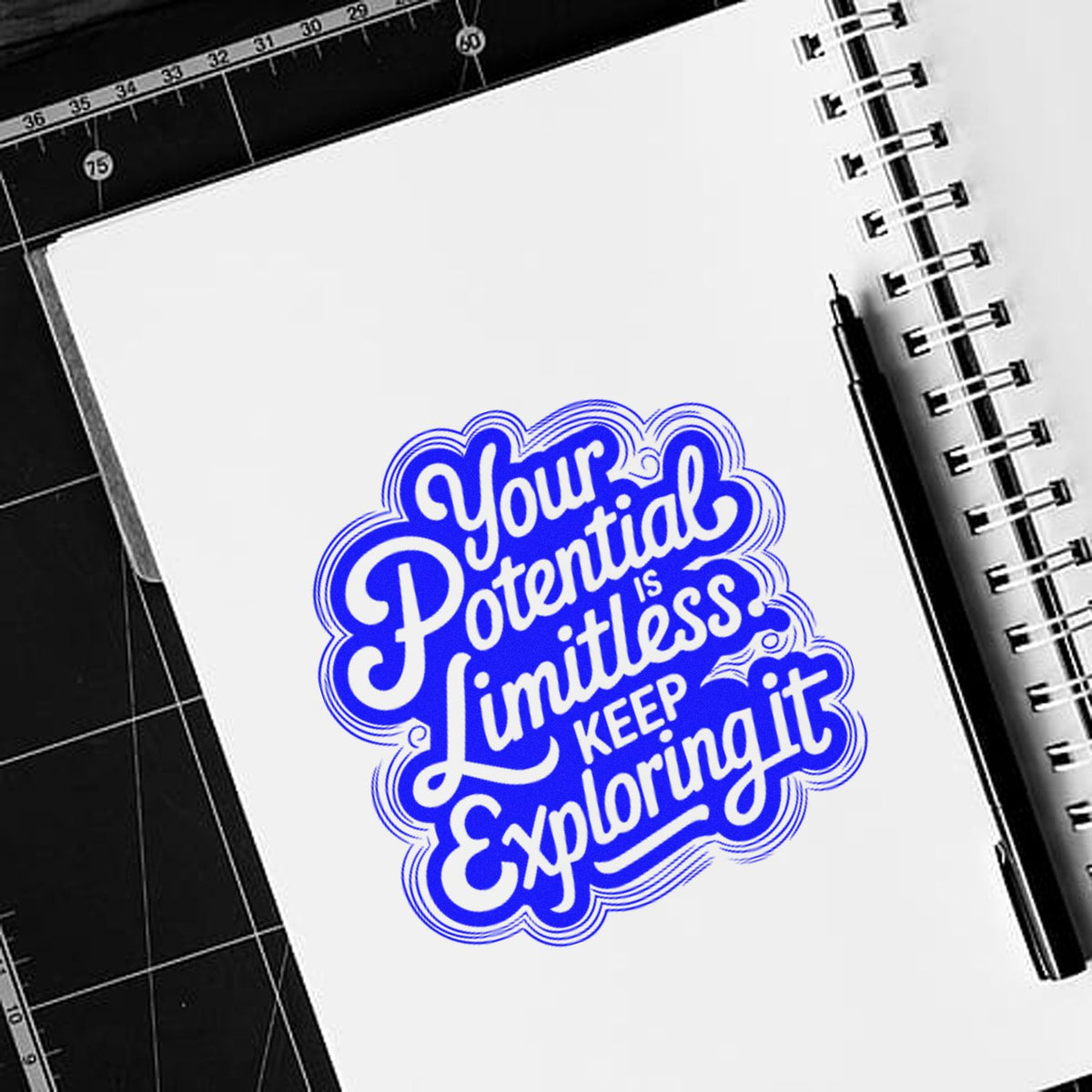 Motivational rubber stamp mockup with the quote Your Potential Is Limitless, Keep Exploring It on a notebook.