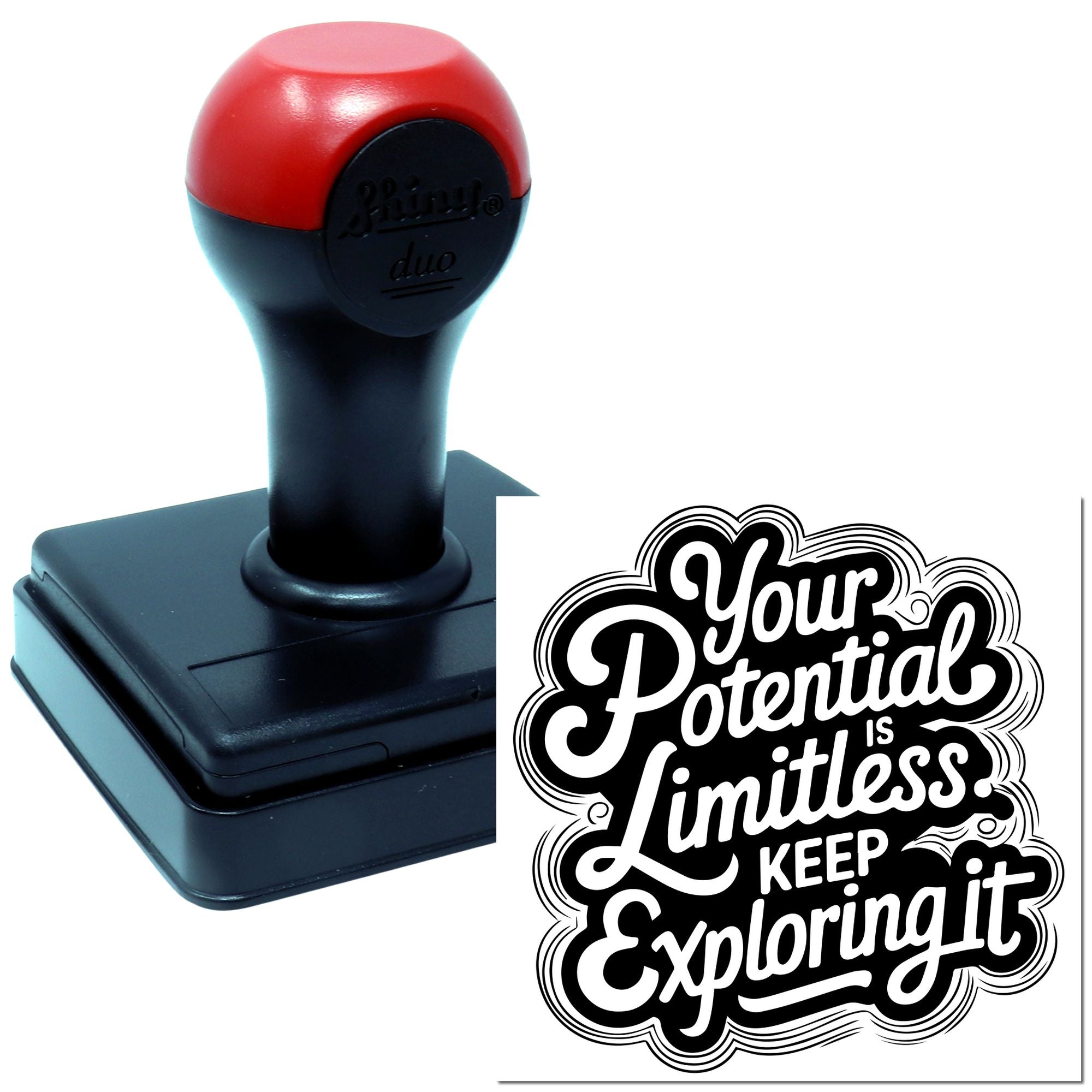 Self-inking rubber stamp with motivational quote Your Potential Is Limitless, Keep Exploring It for custom branding and promotions.