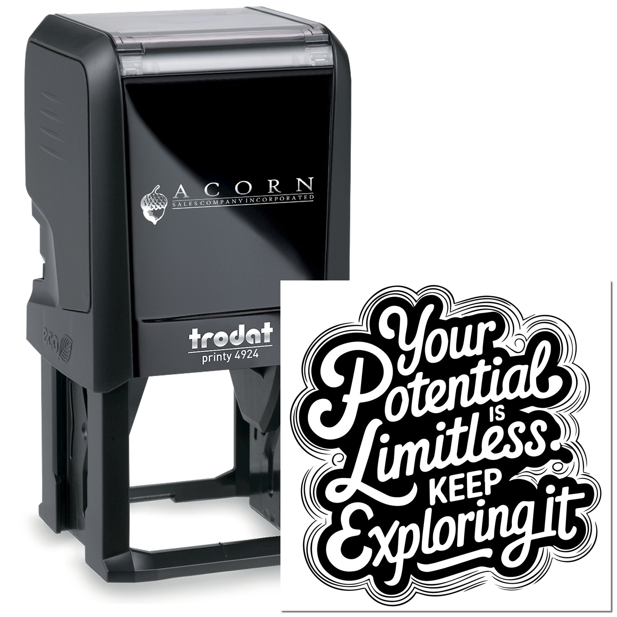 Self-inking custom rubber stamp with motivational logo design, Trodat Printy 4924 for business branding