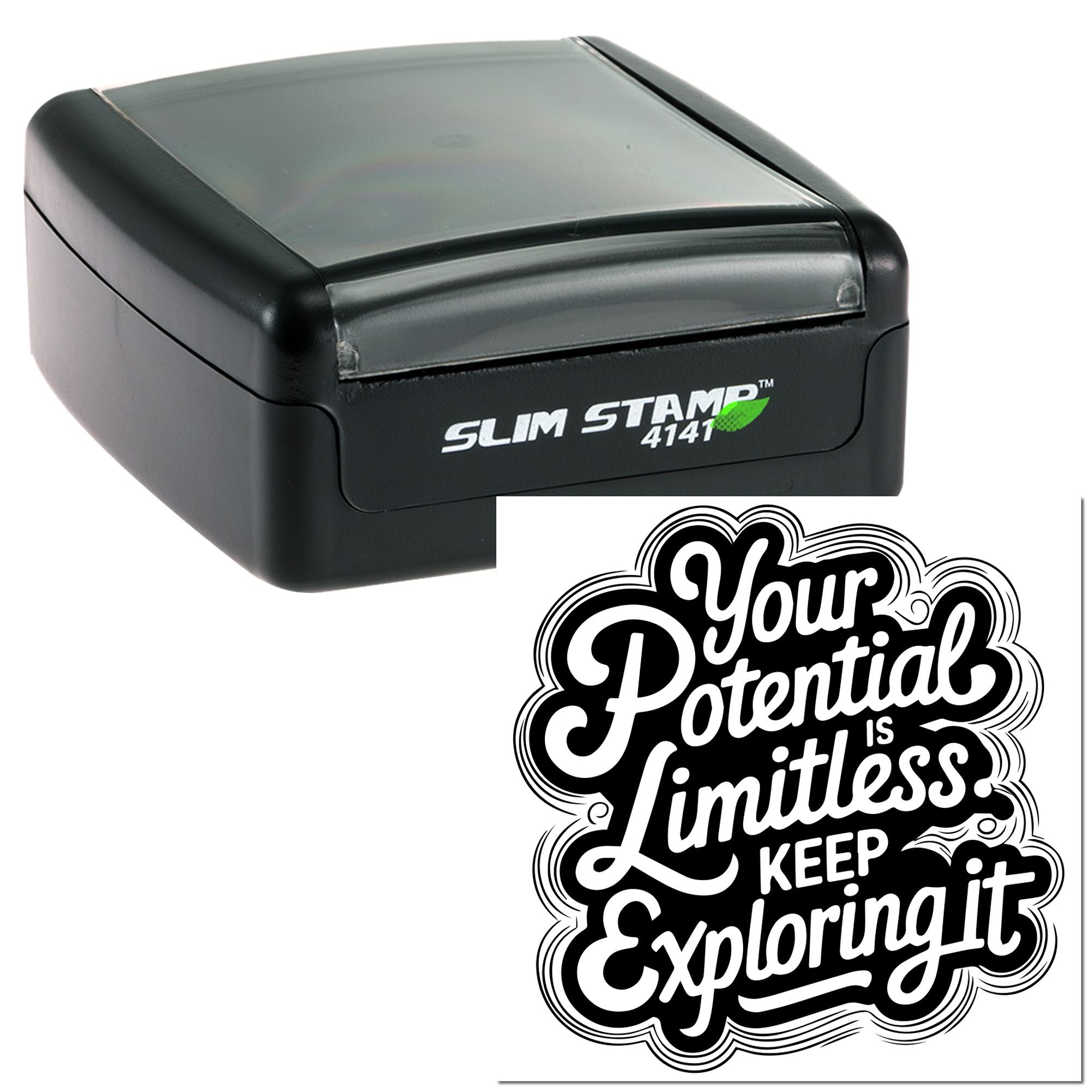 Custom self-inking rubber stamp with motivational quote, Your Potential Is Limitless, Keep Exploring It.