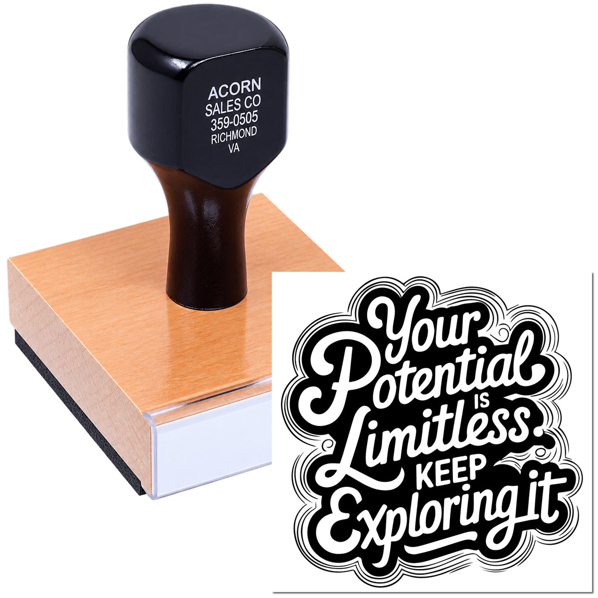 Custom rubber stamp with business logo and motivational design, ideal for branding, packaging, and promotional use.