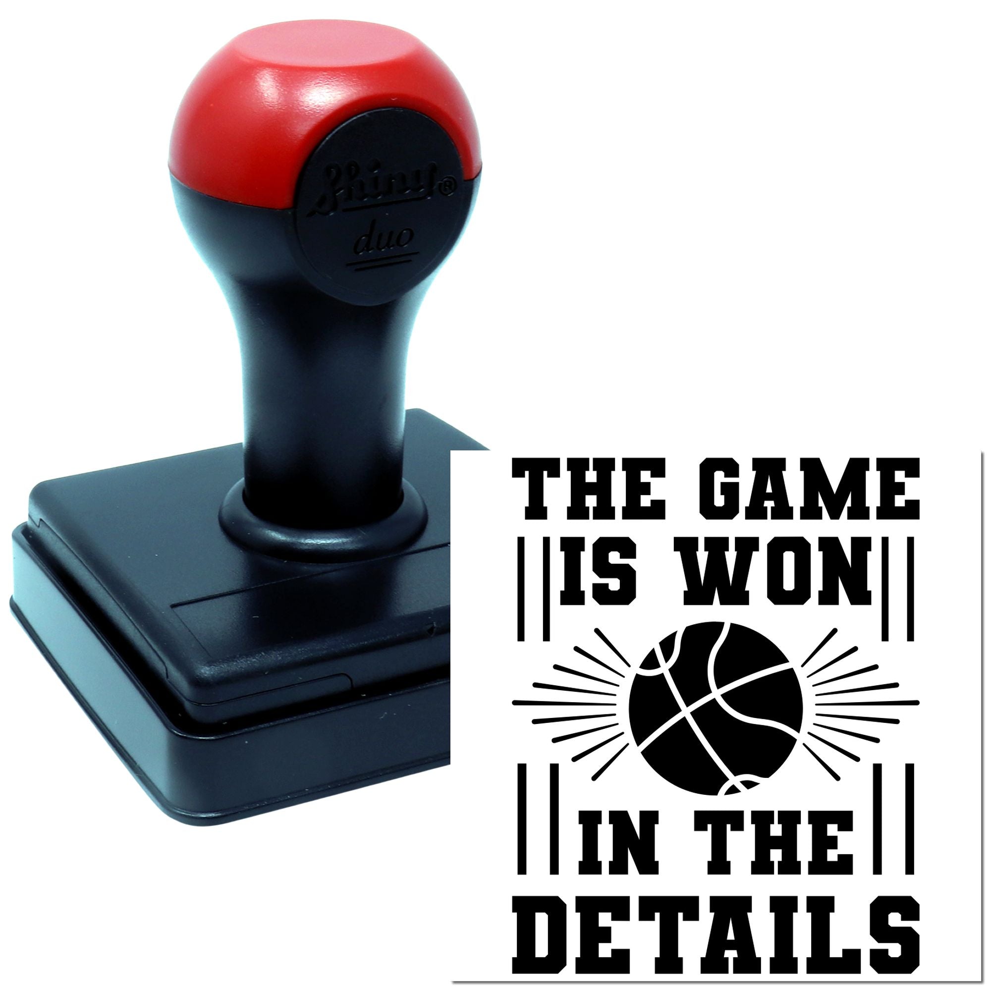 Custom self-inking rubber stamp with basketball design and quote The game is won in the details for sports motivation.