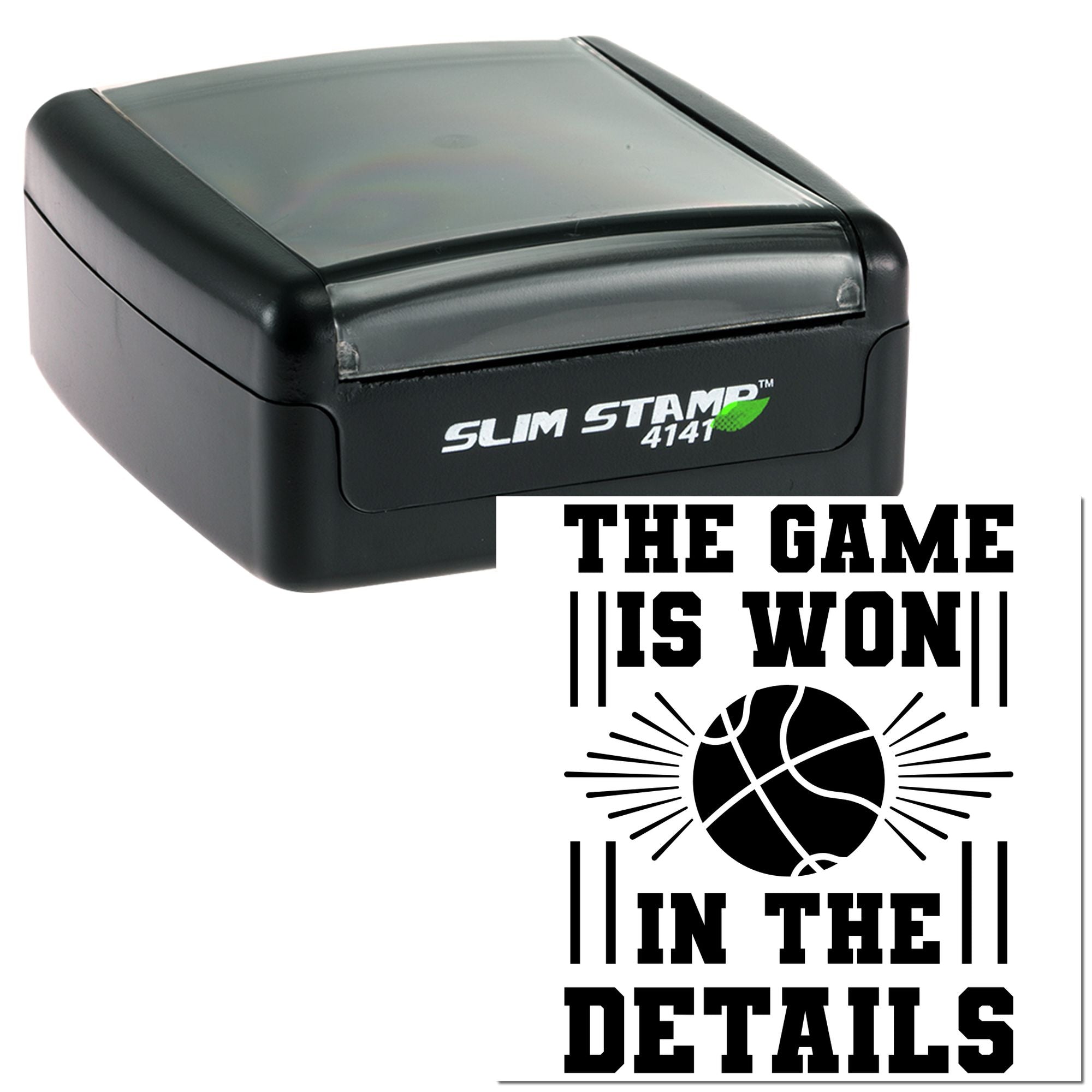 Self-inking rubber stamp featuring The Game Is Won in the Details basketball design for coaches, teams, and sports promotions.