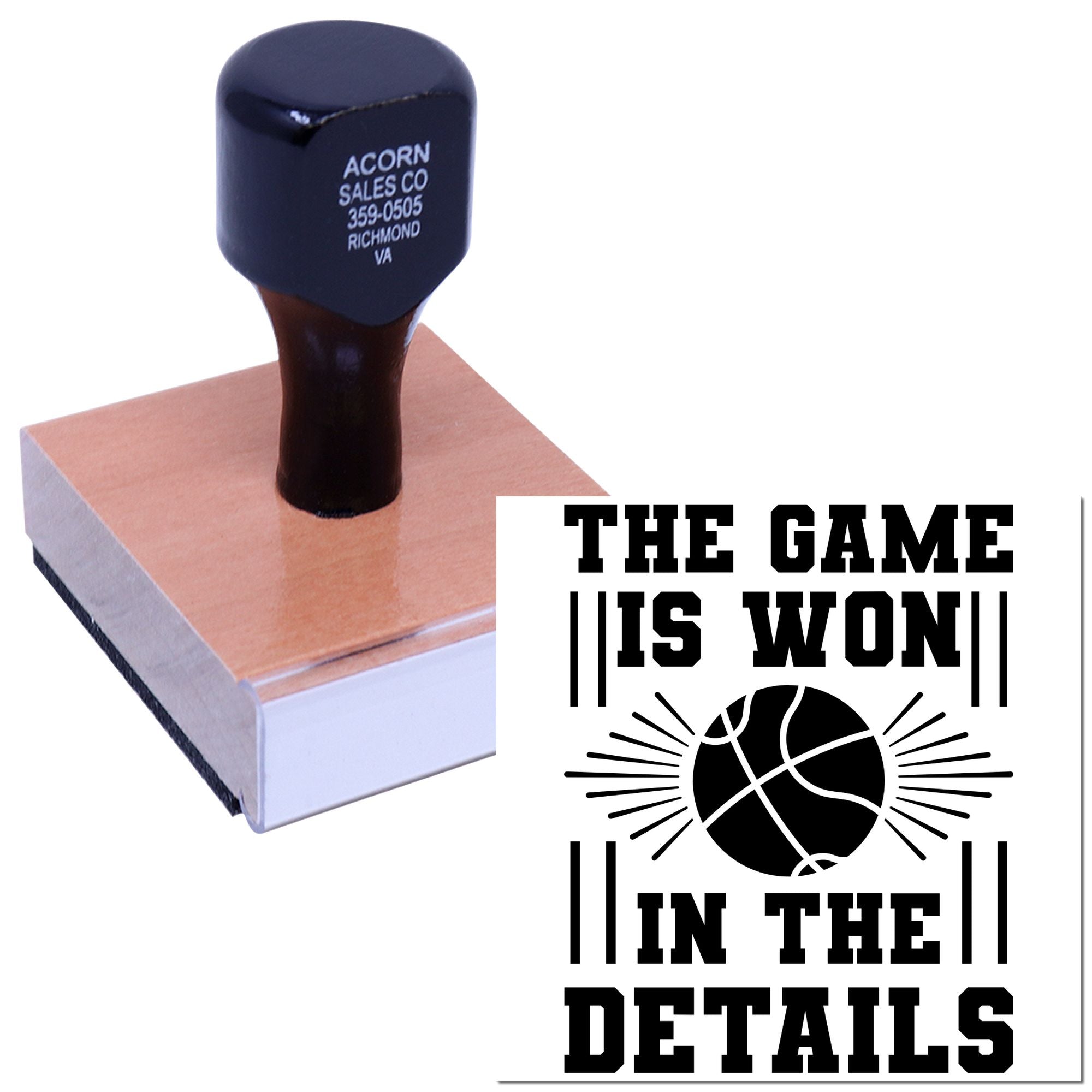 Custom basketball rubber stamp with motivational sports quote, The game is won in the details, for team branding.
