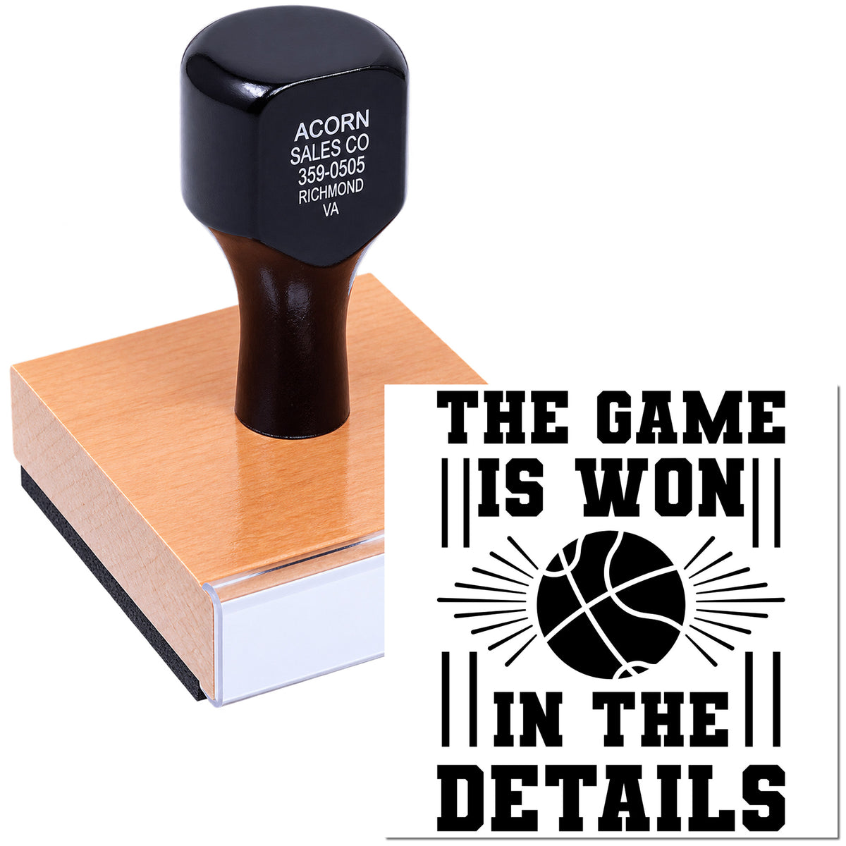 Custom basketball rubber stamp with motivational sports quote, The game is won in the details, for team branding.