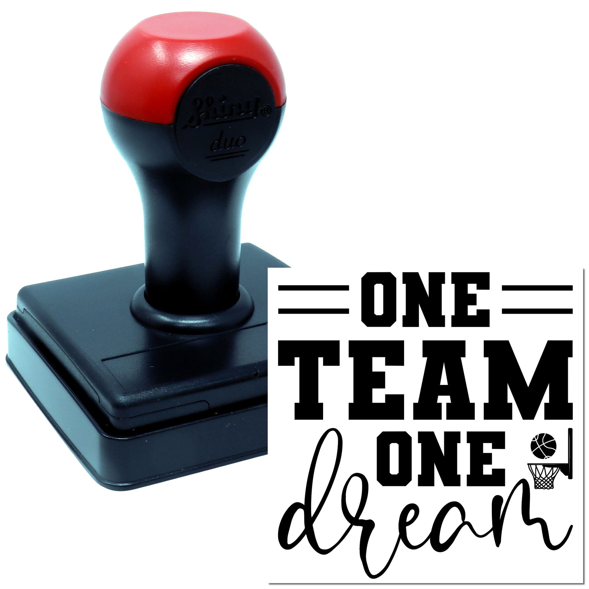Custom self-inking rubber stamp with One Team One Dream sports logo for team branding and basketball-themed use.