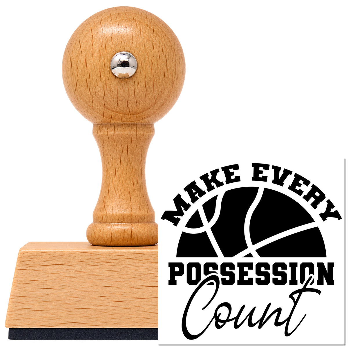 Make Every Possession Count Basketball Vintage Pro rubber stamp in European beech wood with a round knob handle, shown beside its black imprint.