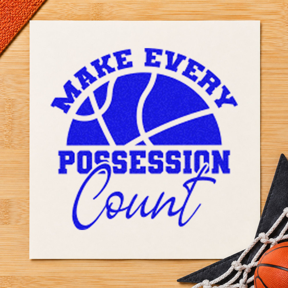 Every Possession Count Basketball craft stamp in blue ink on cardstock, an easy option for duffel panel printing.
