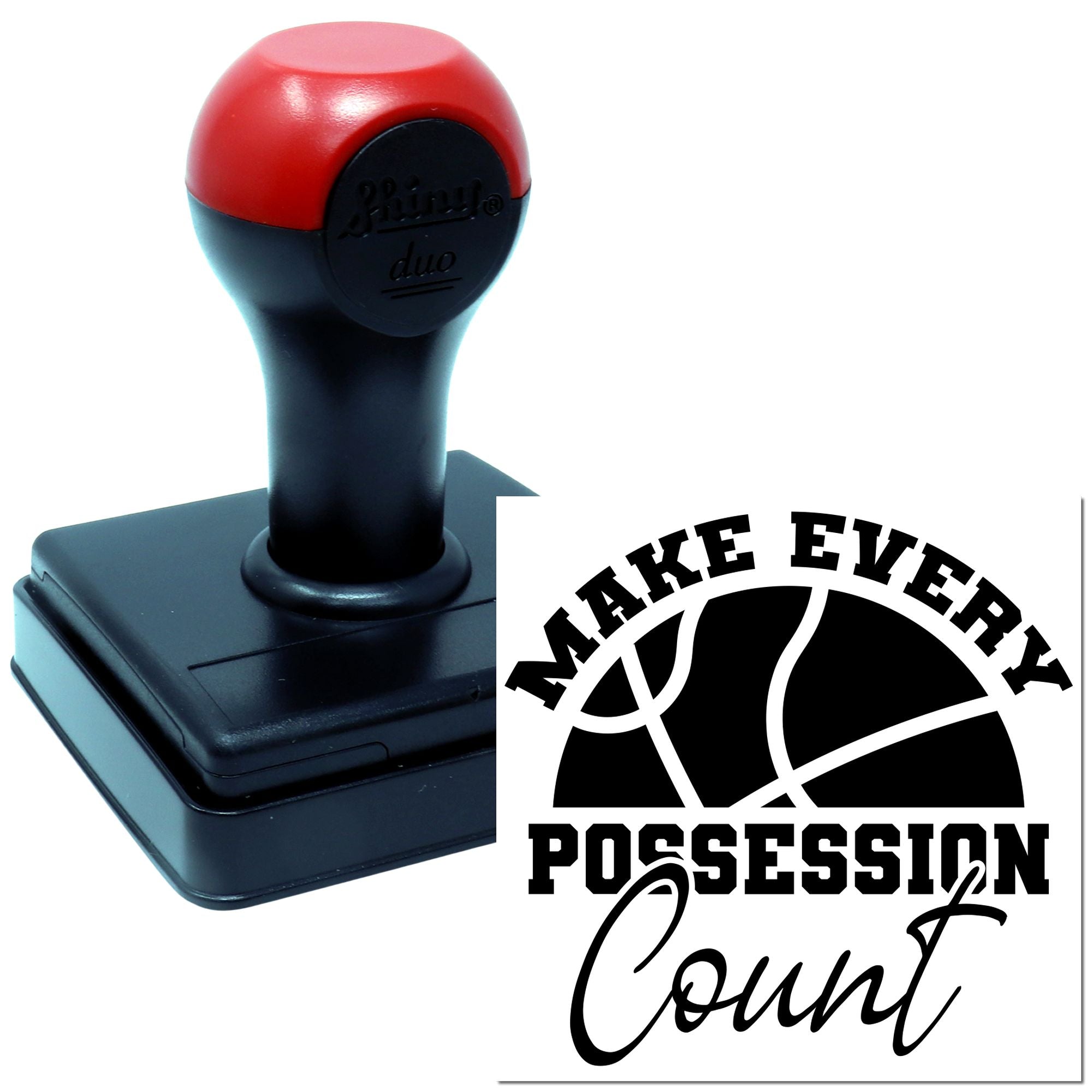 Custom self-inking basketball rubber stamp with Make Every Possession Count imprint for sports gear and fan projects.