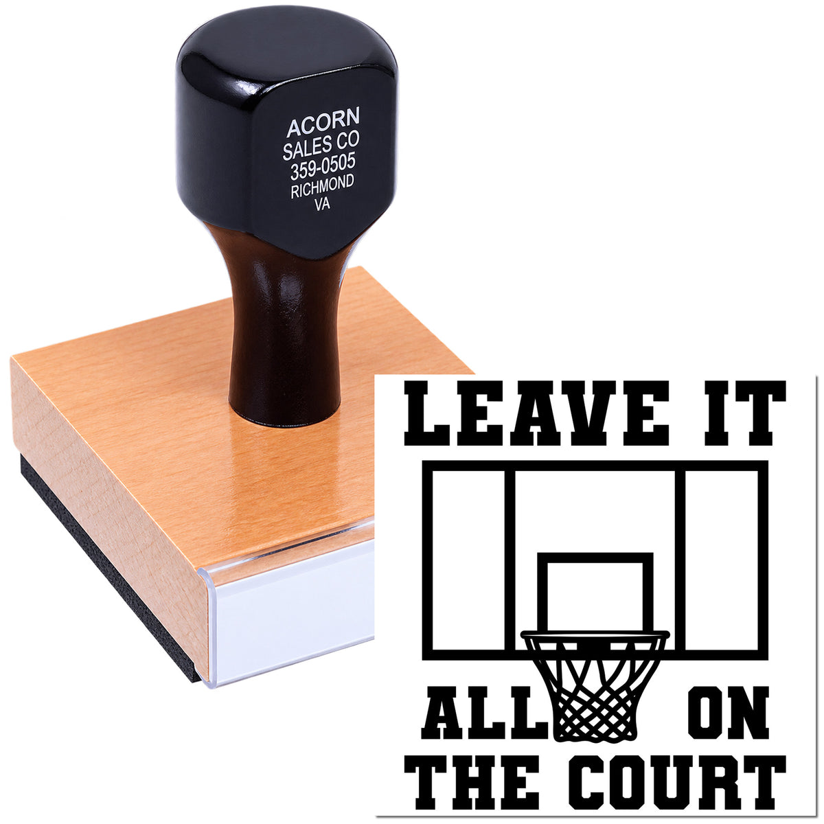 Basketball rubber stamp featuring "Leave It All on the Court," ideal for sports team crafts, awards, and school projects.