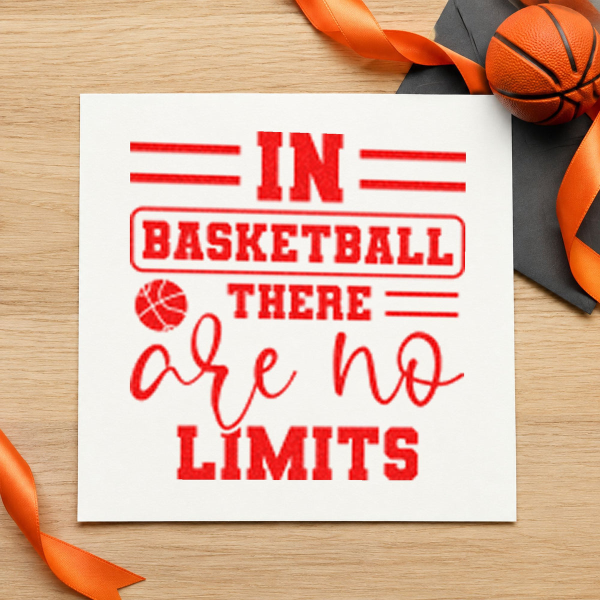Basketball Has No Limits rubber stamp shown in red ink, stamped for projects such as bin ball labels.