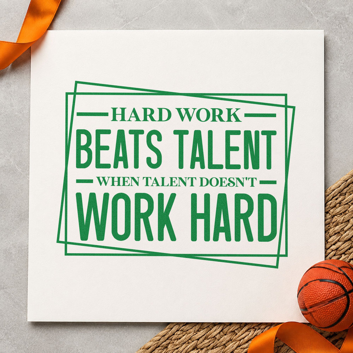 Hard Work Beats Talent craft stamp in green ink on cardstock, an easy option for summer week album page.